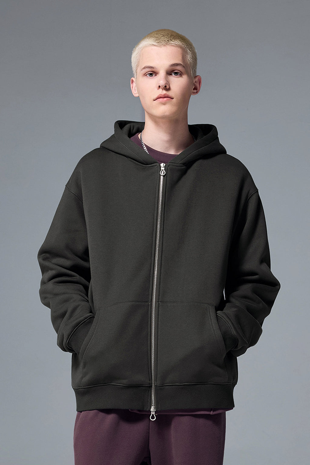 Flame Single-layer Fleece-lined Hooded Jacket Solid Color Double-headed Zipper Jacket - enhanced image 5