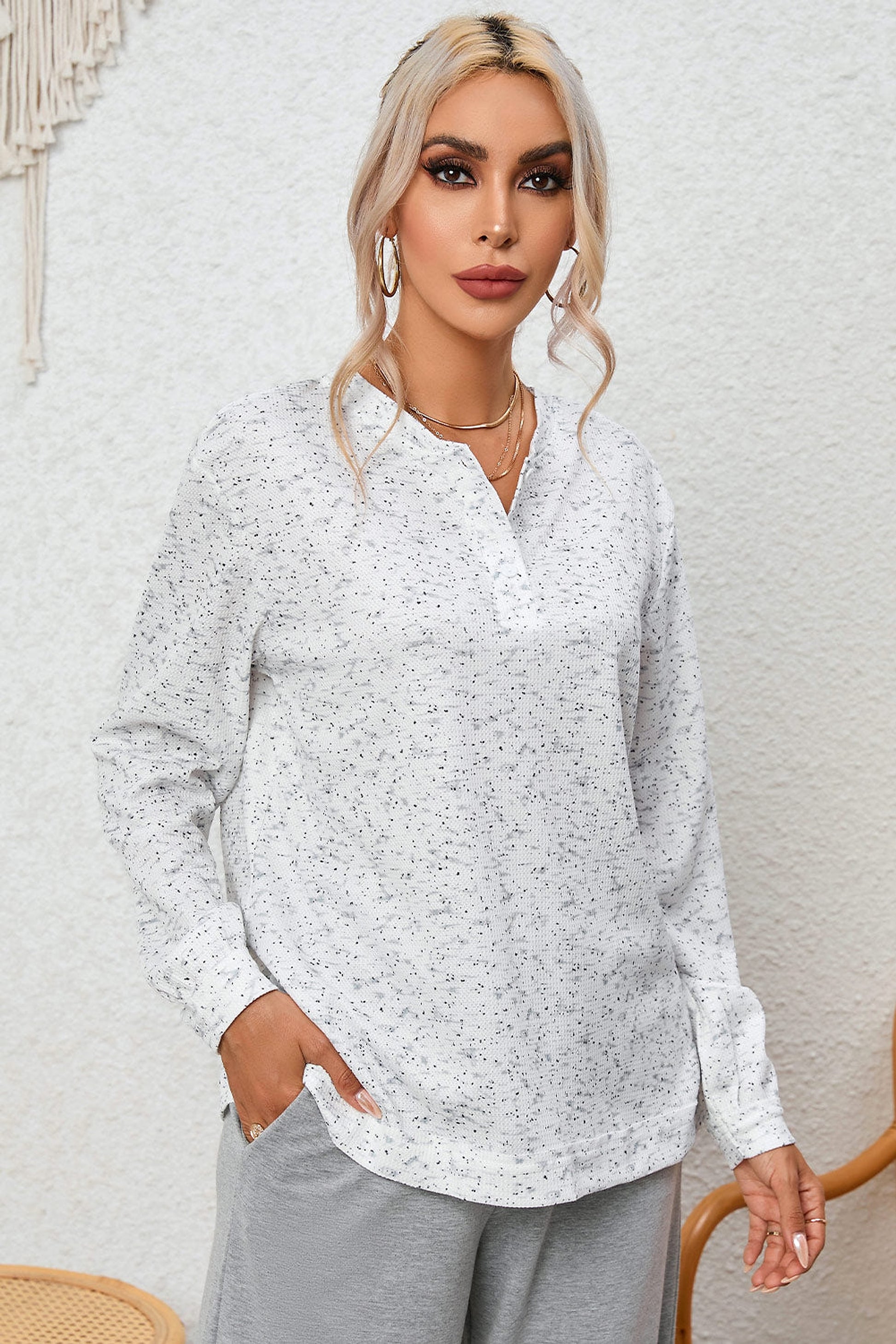 Gray Slouchy Heather Rib Knit Long Sleeve Henley Top - enhanced image 5
