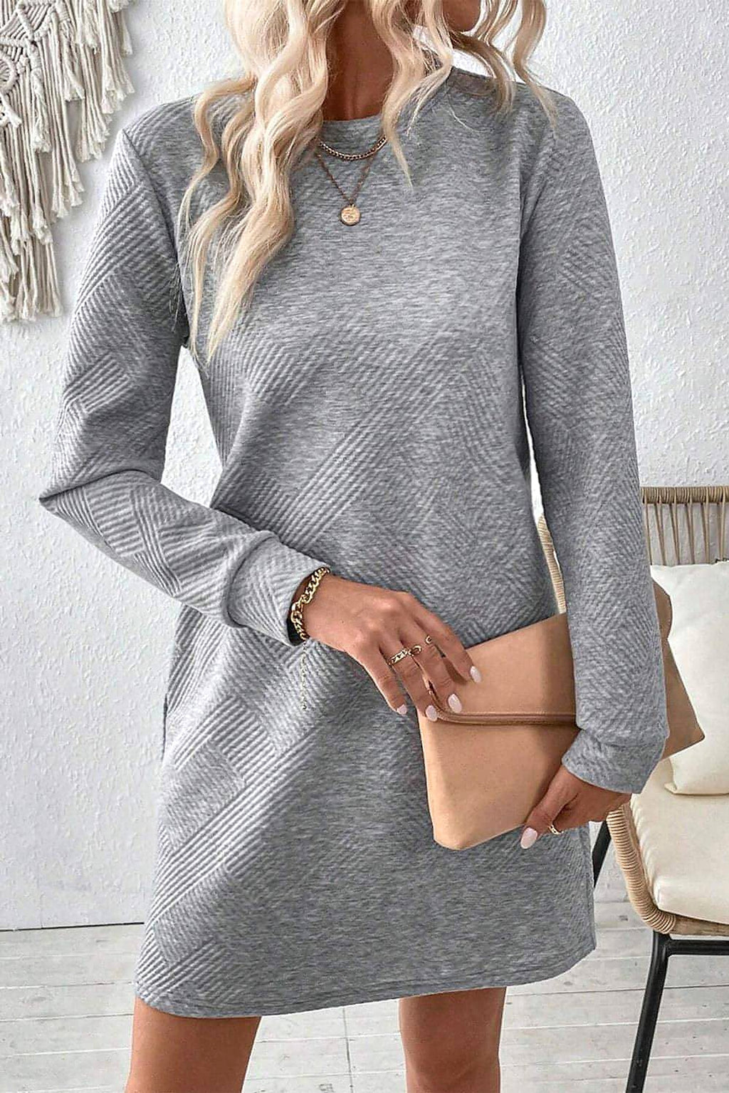 Gray Solid Color Textured Long Sleeve Shift Dress - enhanced image 5