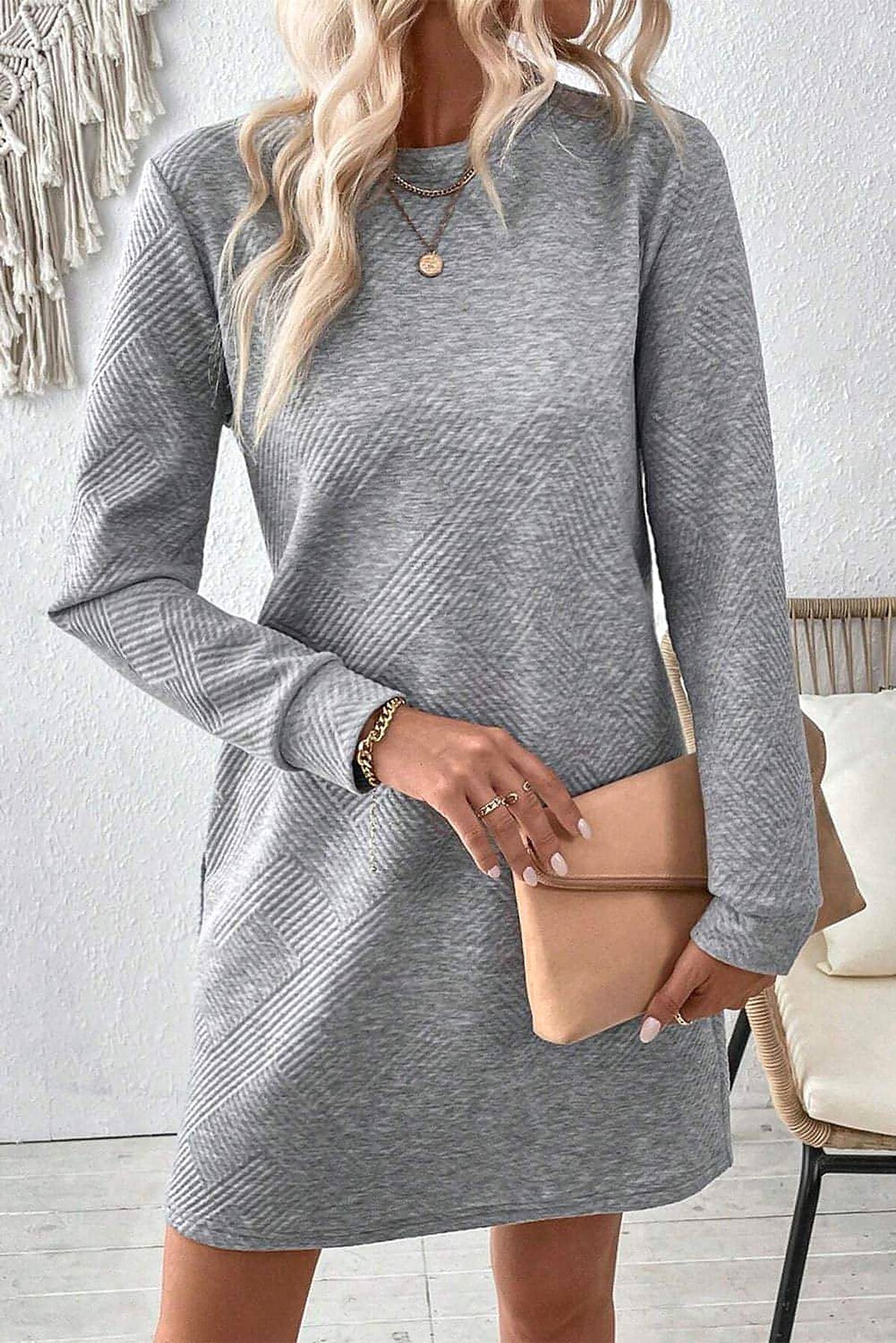 Gray Solid Color Textured Long Sleeve Shift Dress - enhanced image 5
