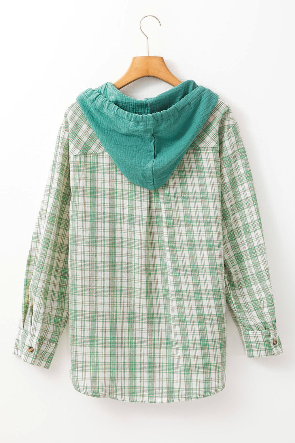 Green Checkered Print Loose Fit Buttoned Hooded Shacket - enhanced image 5