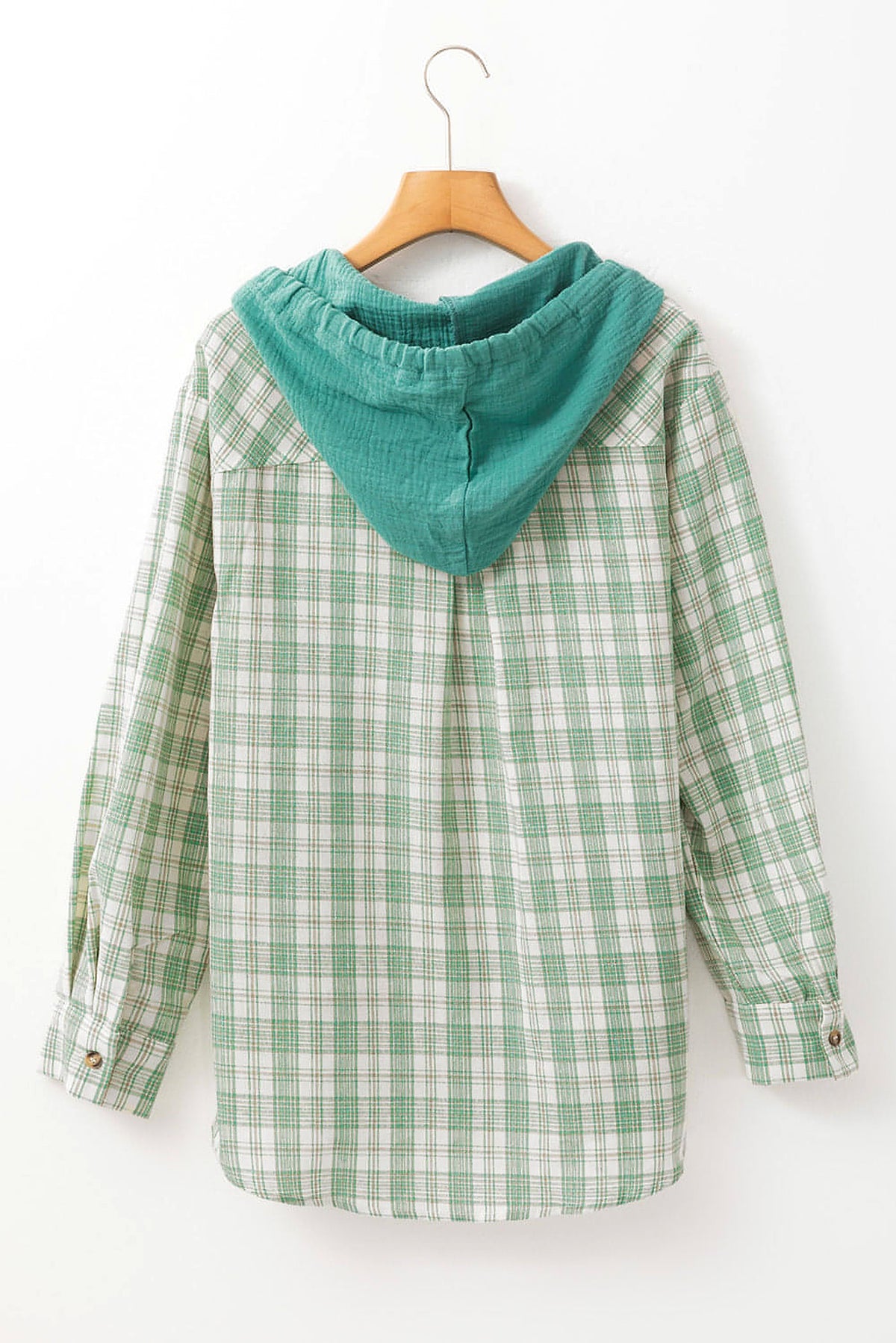 Green Checkered Print Loose Fit Buttoned Hooded Shacket - enhanced image 5