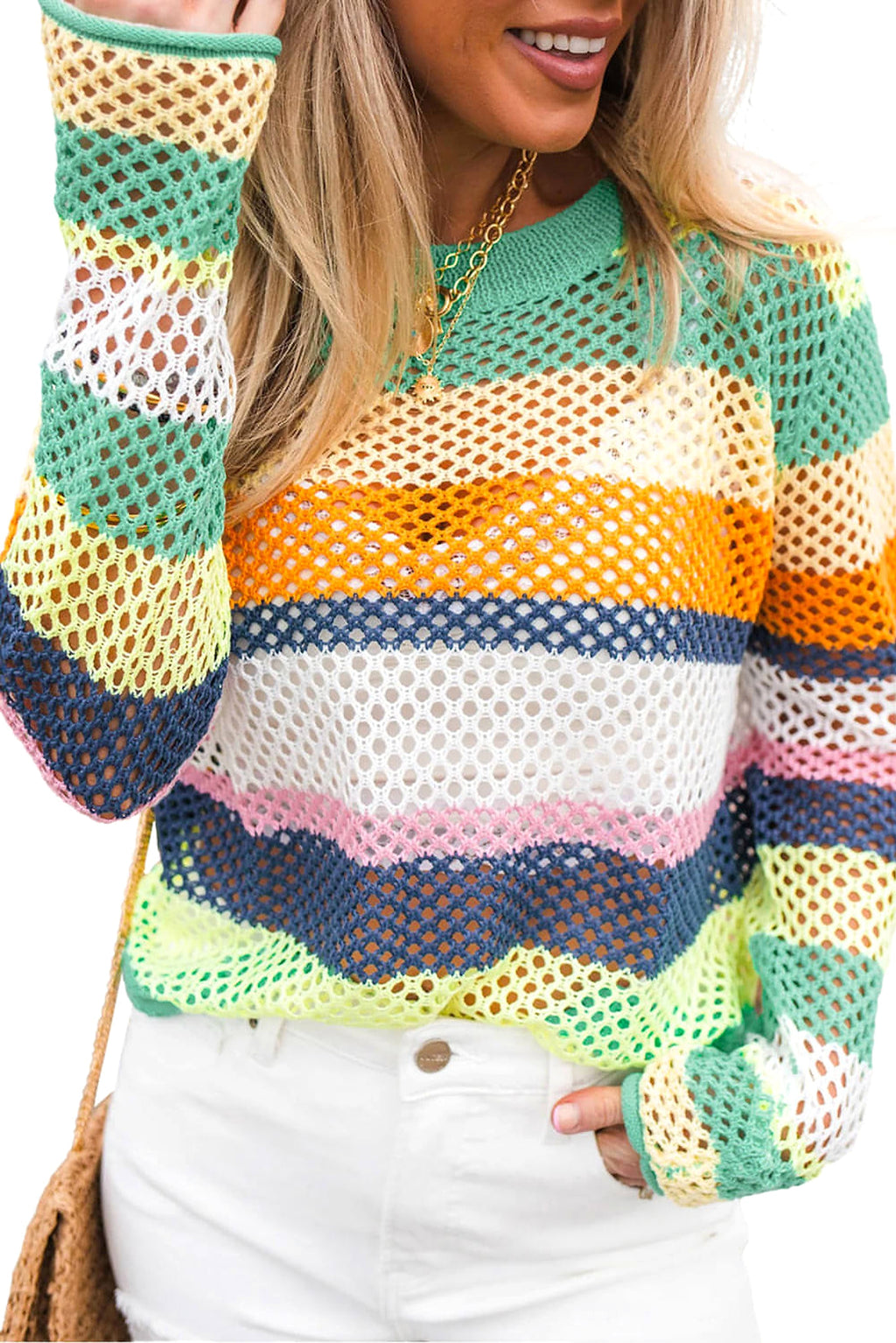Green Colorblock Patchwork Knit Crochet Eyelet Sweater - enhanced image 5