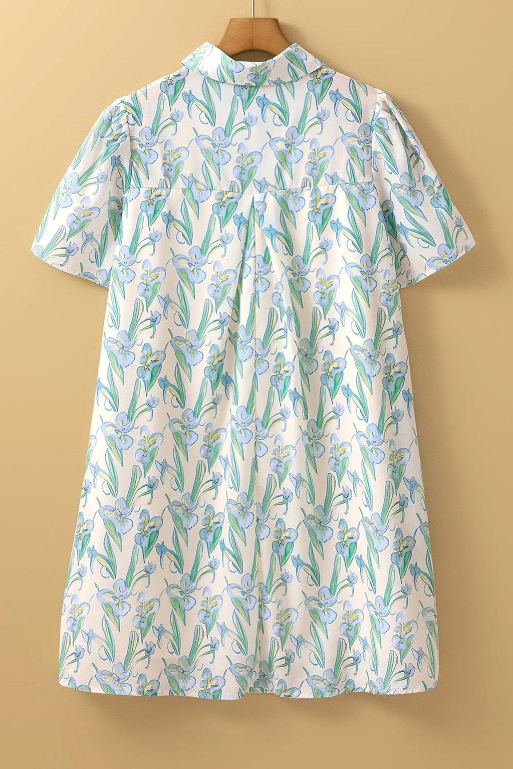 Green Floral Print Shirtcollar Buttoned Short Sleeve Shift Dress - enhanced image 5