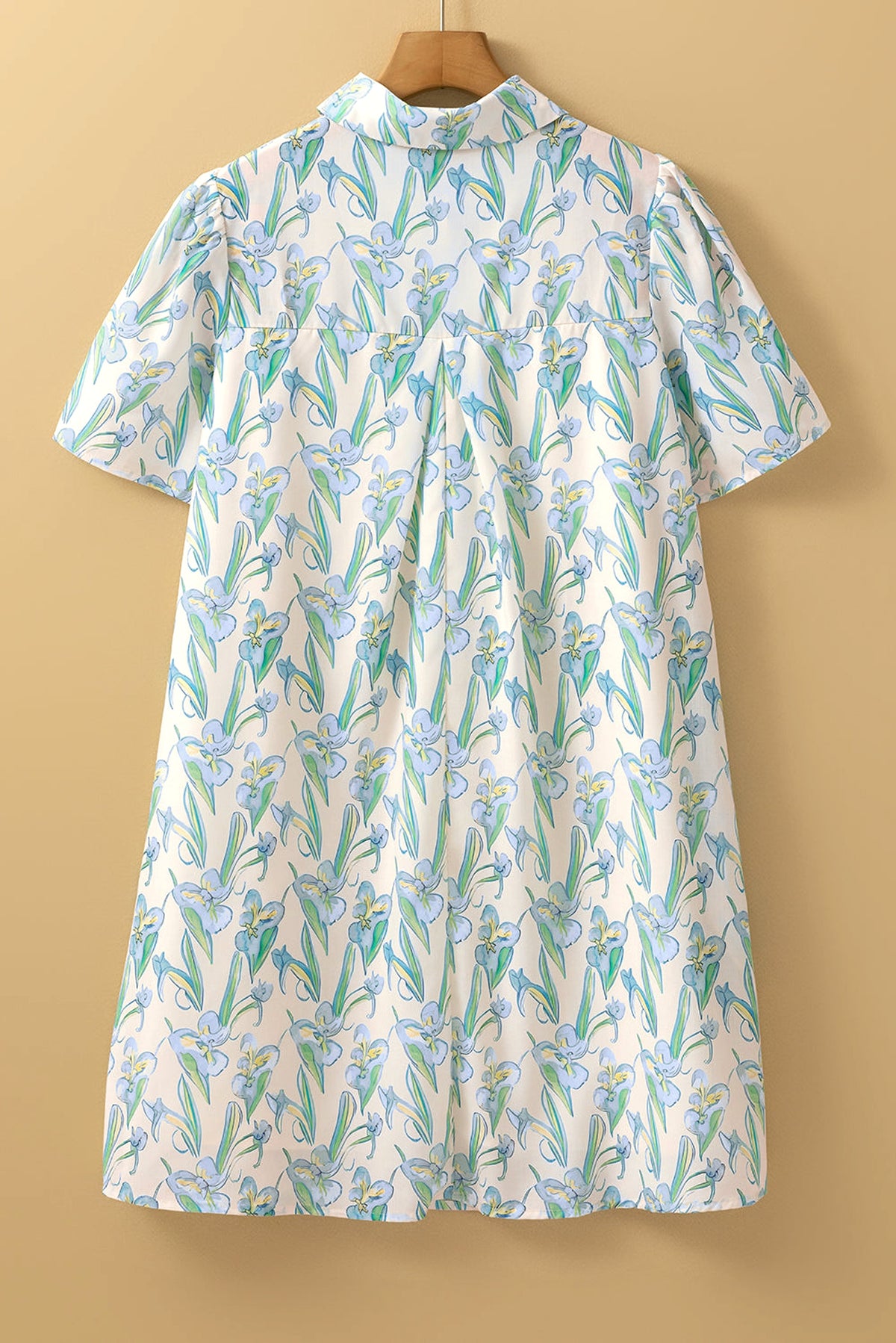 Green Floral Print Shirtcollar Buttoned Short Sleeve Shift Dress - enhanced image 5