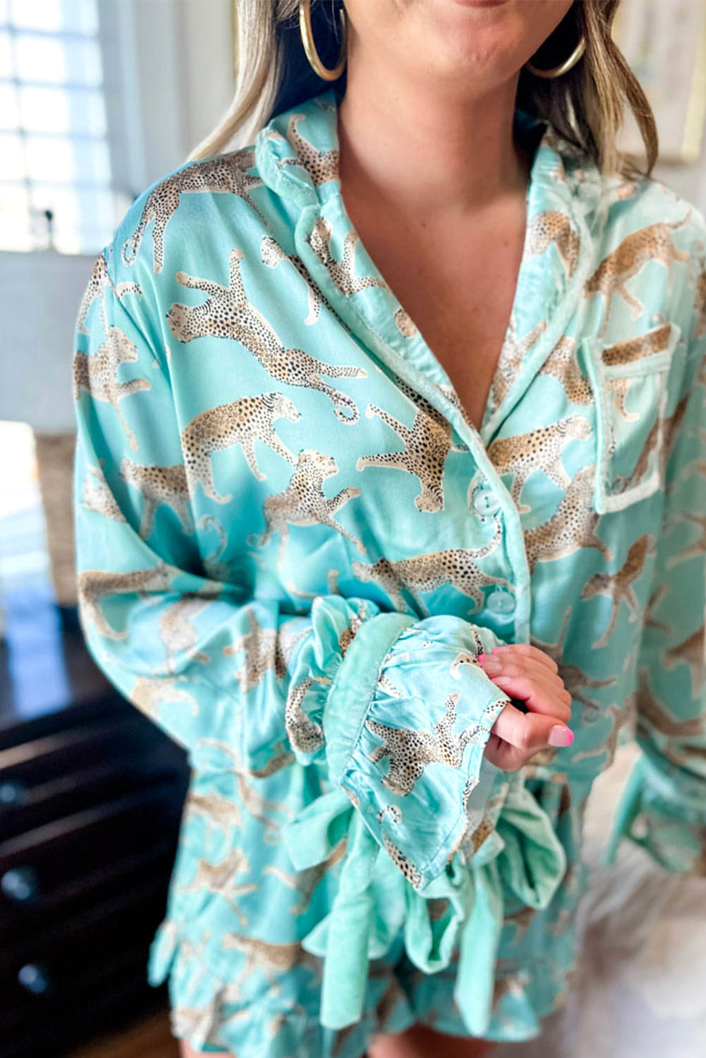 Green Leopard Satin Ruffle Pajama Short Set - enhanced image 5