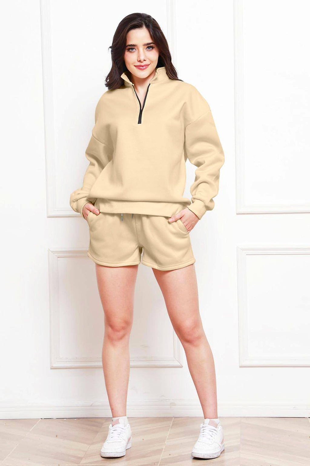 Half Zip Long Sleeve Sweatshirt and Drawstring Shorts Set - enhanced image 5