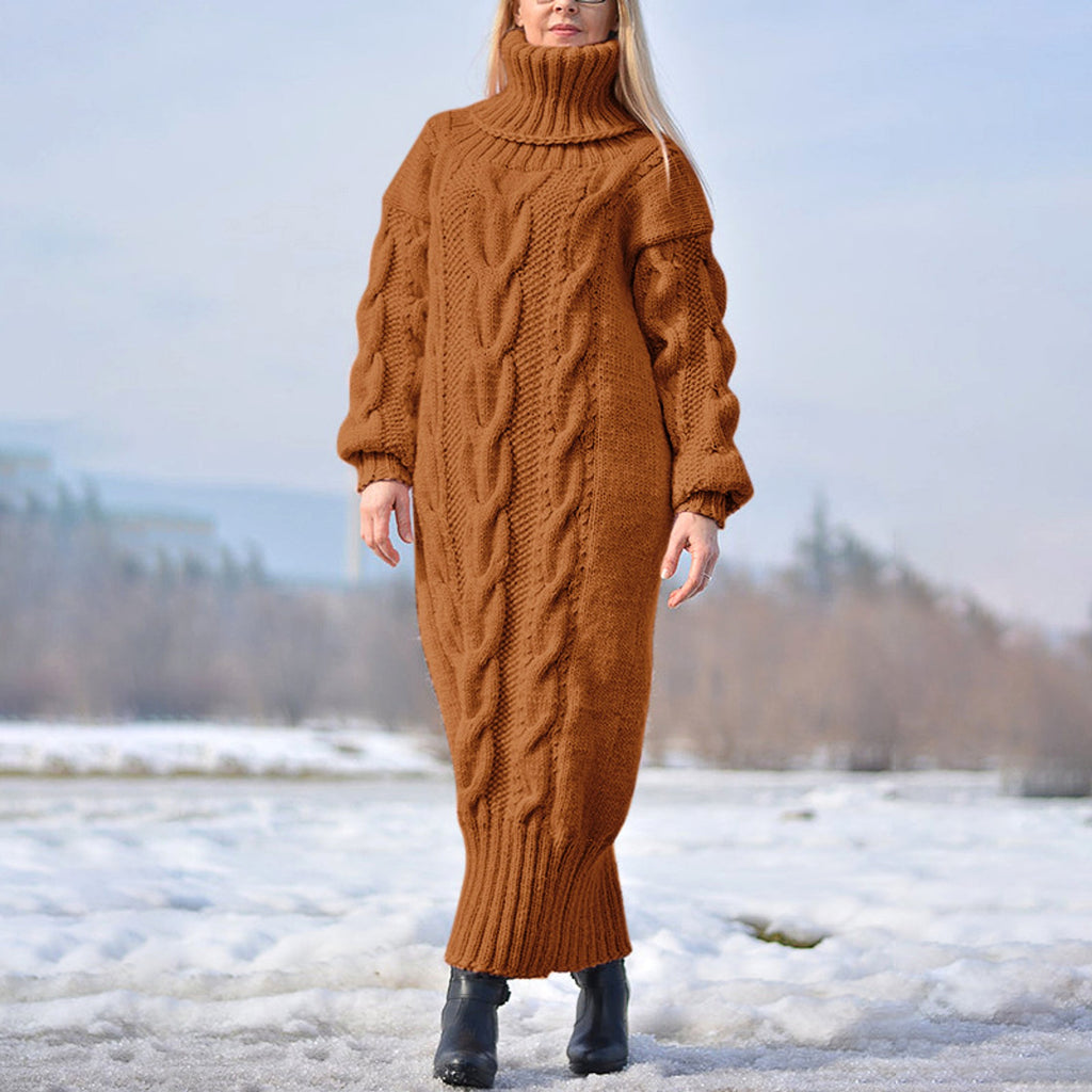 High Neck Pullover Cable Loose Knitted Wool Dress - enhanced image 5