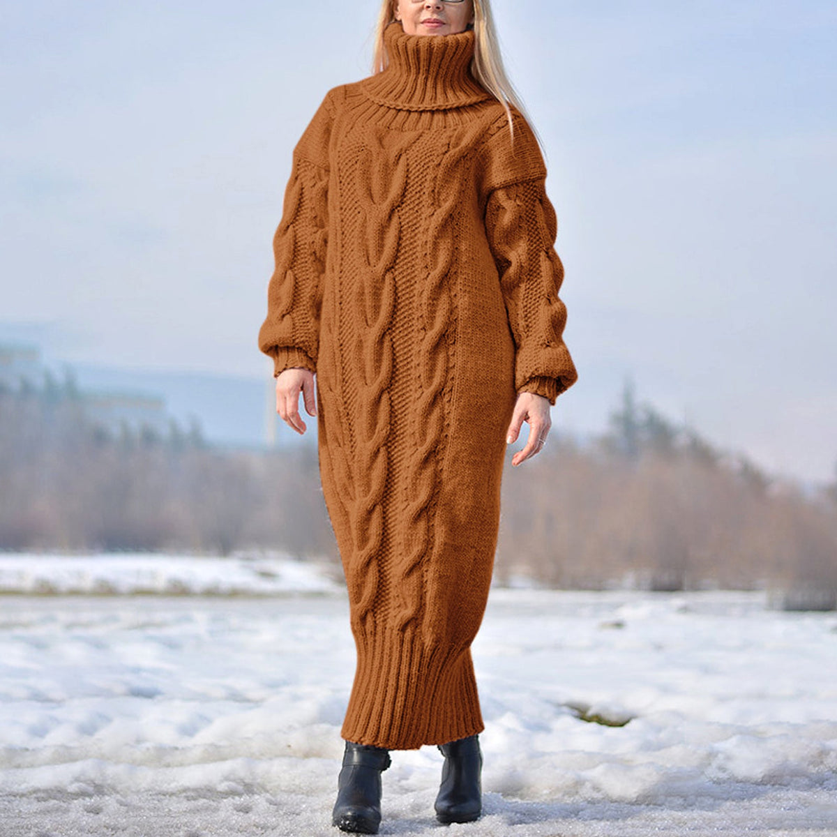 High Neck Pullover Cable Loose Knitted Wool Dress - enhanced image 5