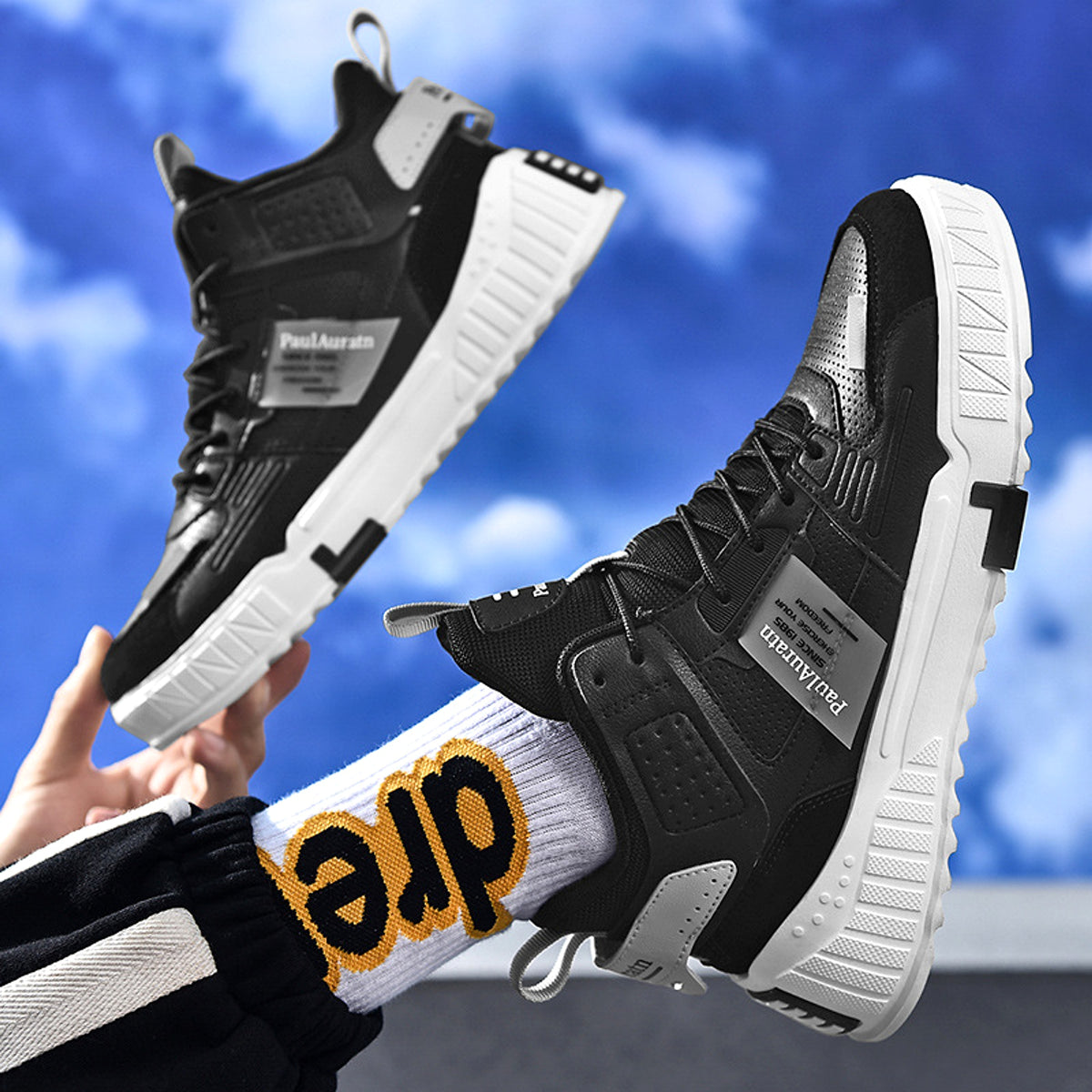 High-Top Leather Panel Casual Sneakers - enhanced image 5