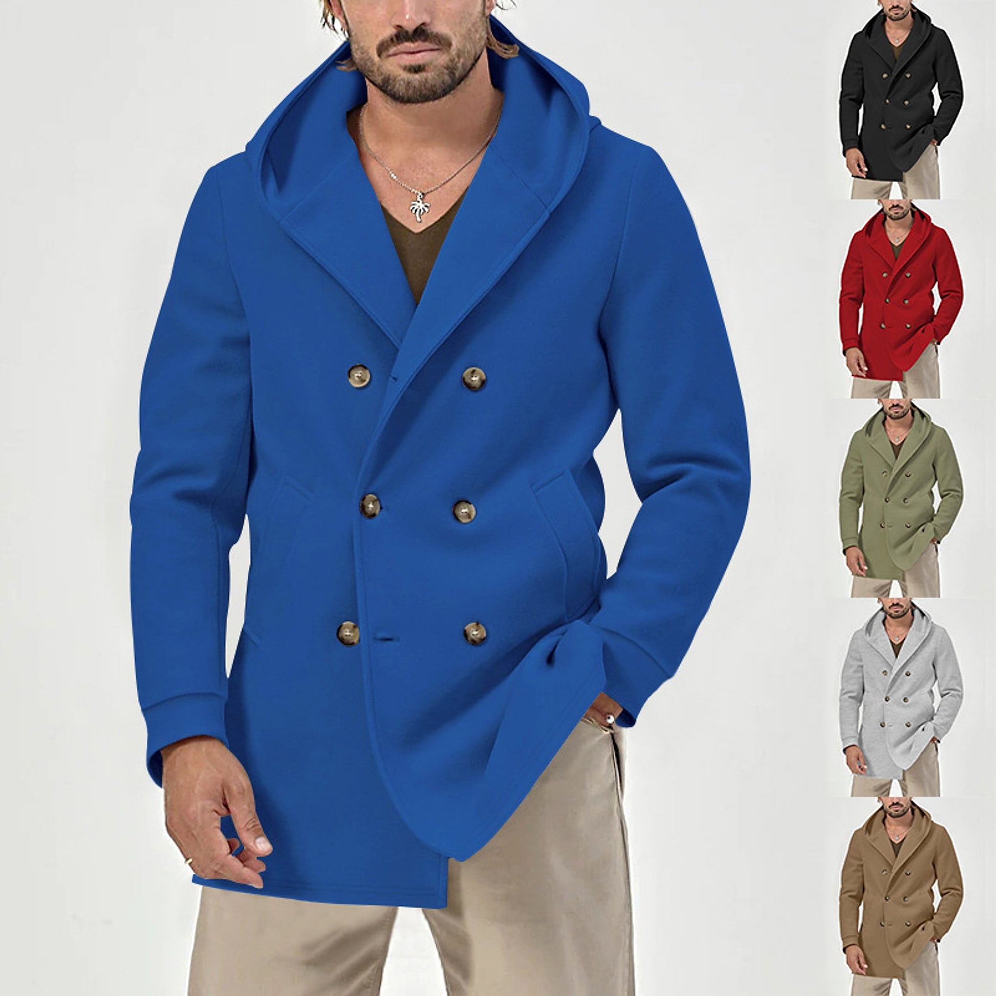 A1. Hooded Double-breasted Casual Mid-length Trench Coat - enhanced image 5
