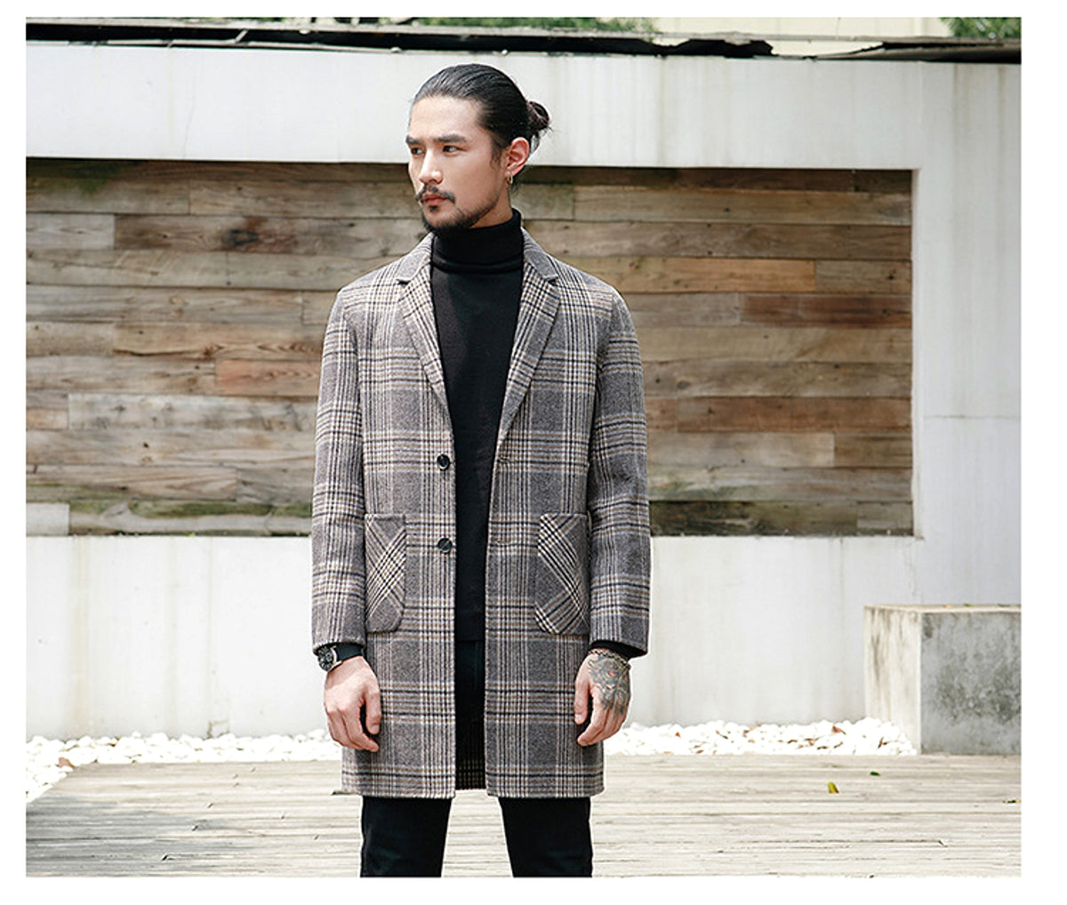 Houndstooth reversible men's plaid woolen trench coat - enhanced image 5