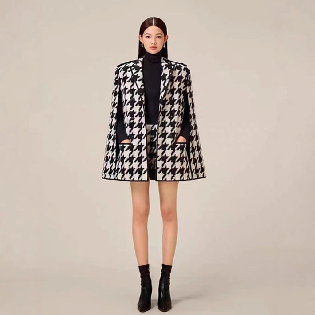 Houndstooth Woolen Cape Coat & Shorts – Elegant & Fashionable Set - enhanced image 5