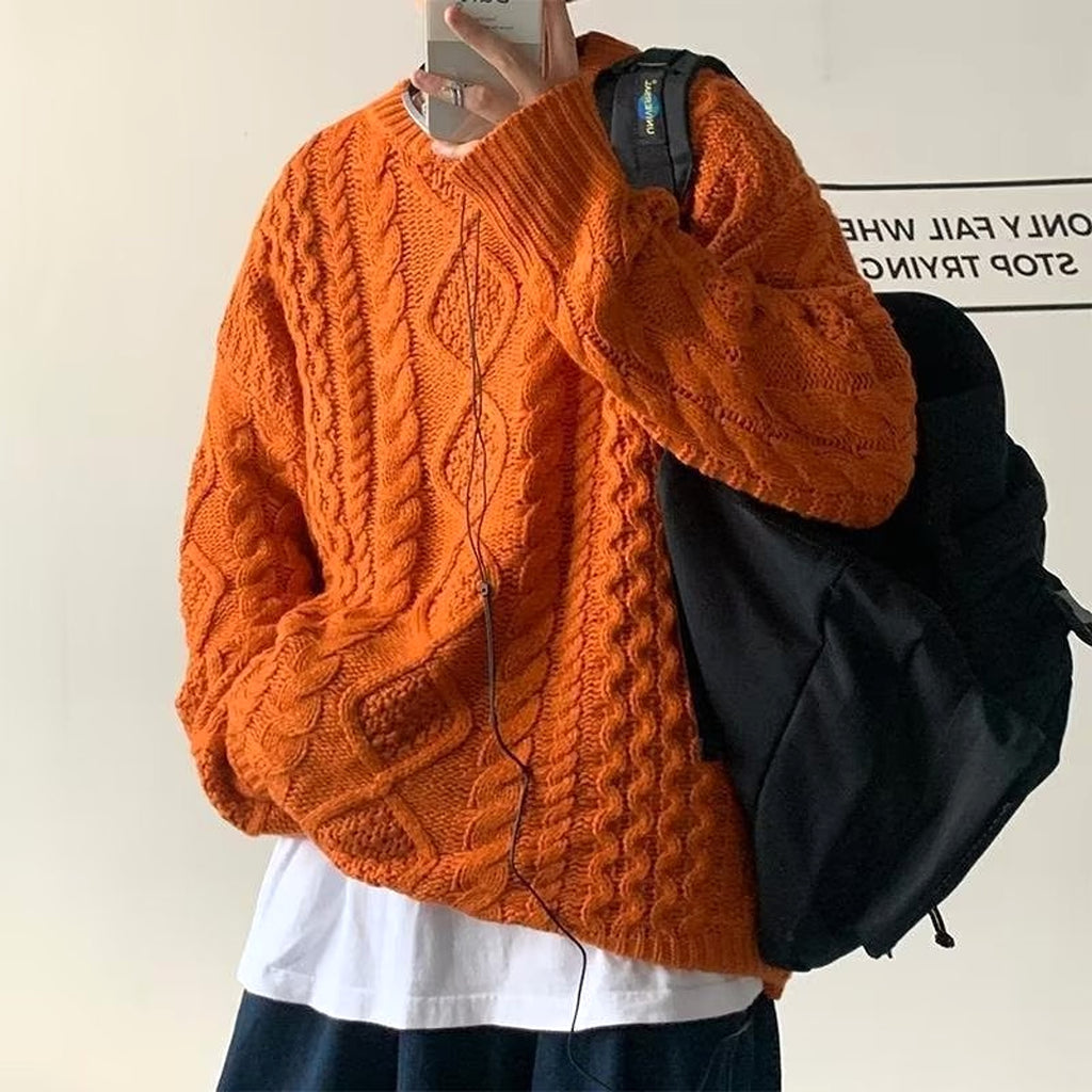 Japanese Stitching Contrast Color Cable-knit Sweater Men - enhanced image 5
