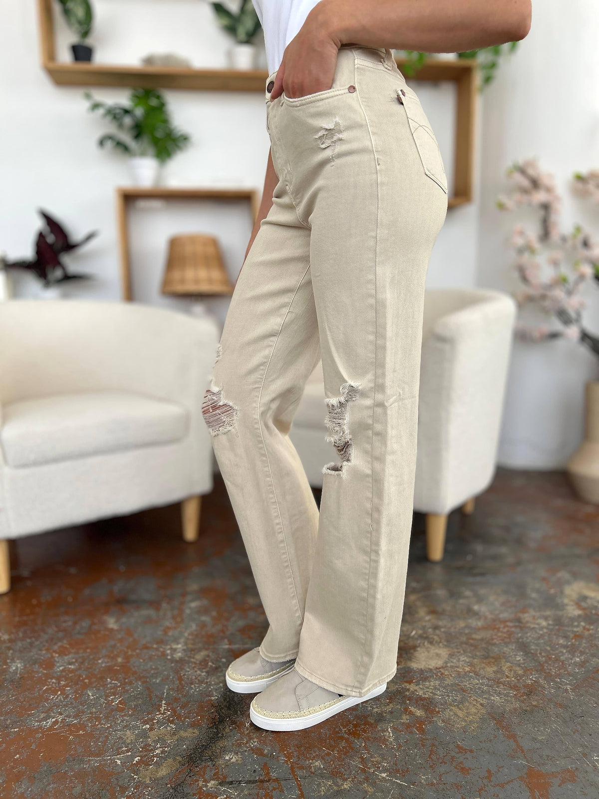Judy Blue Full Size High Waist Distressed Wide Leg Jeans - enhanced image 5