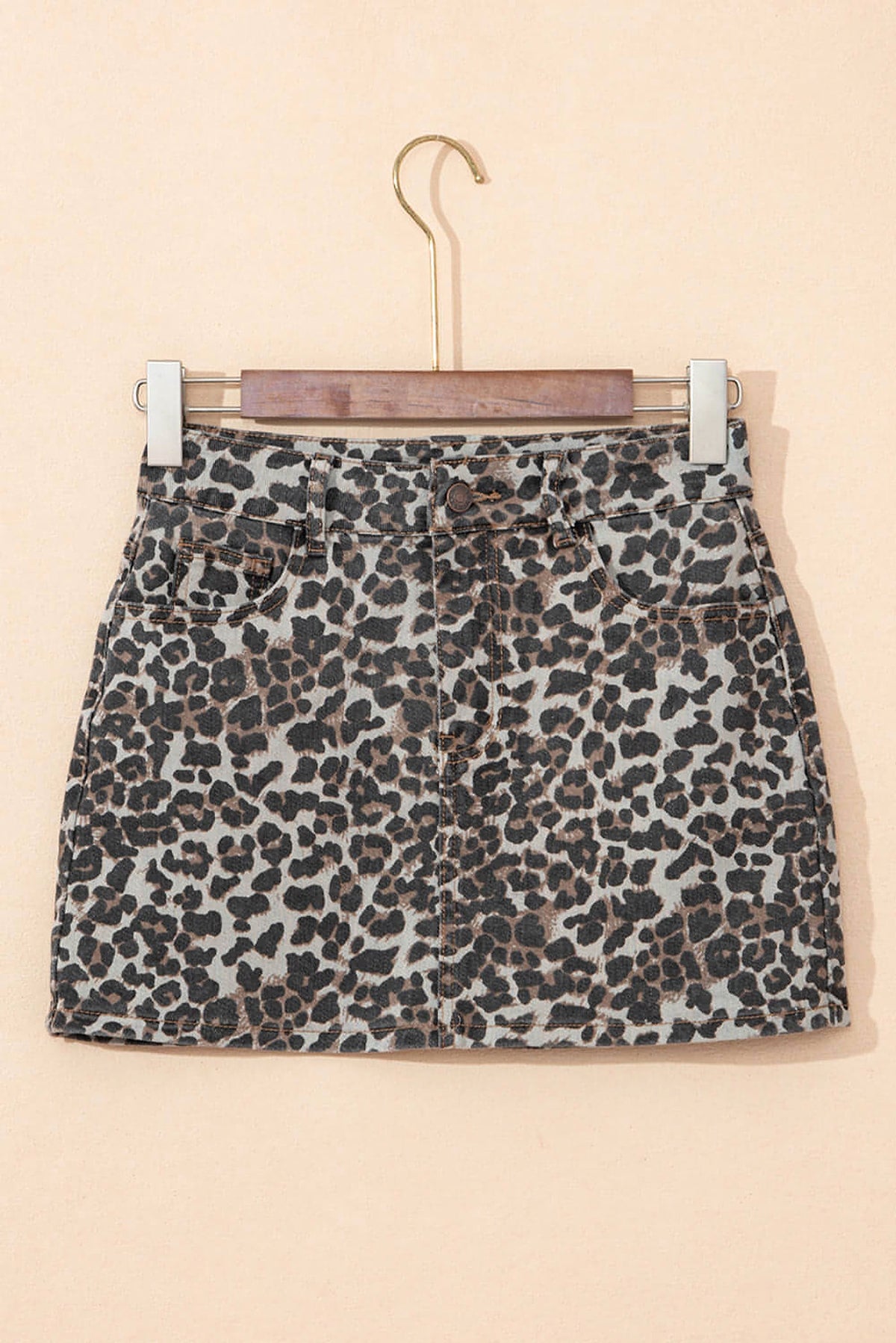 Khaki Leopard Denim Mini Skirt - enhanced image 5