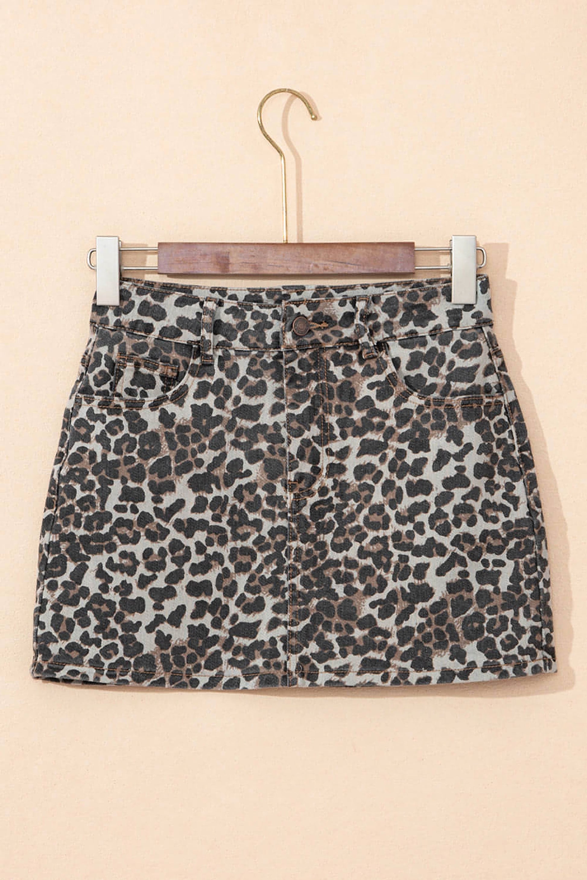 Khaki Leopard Denim Mini Skirt - enhanced image 5