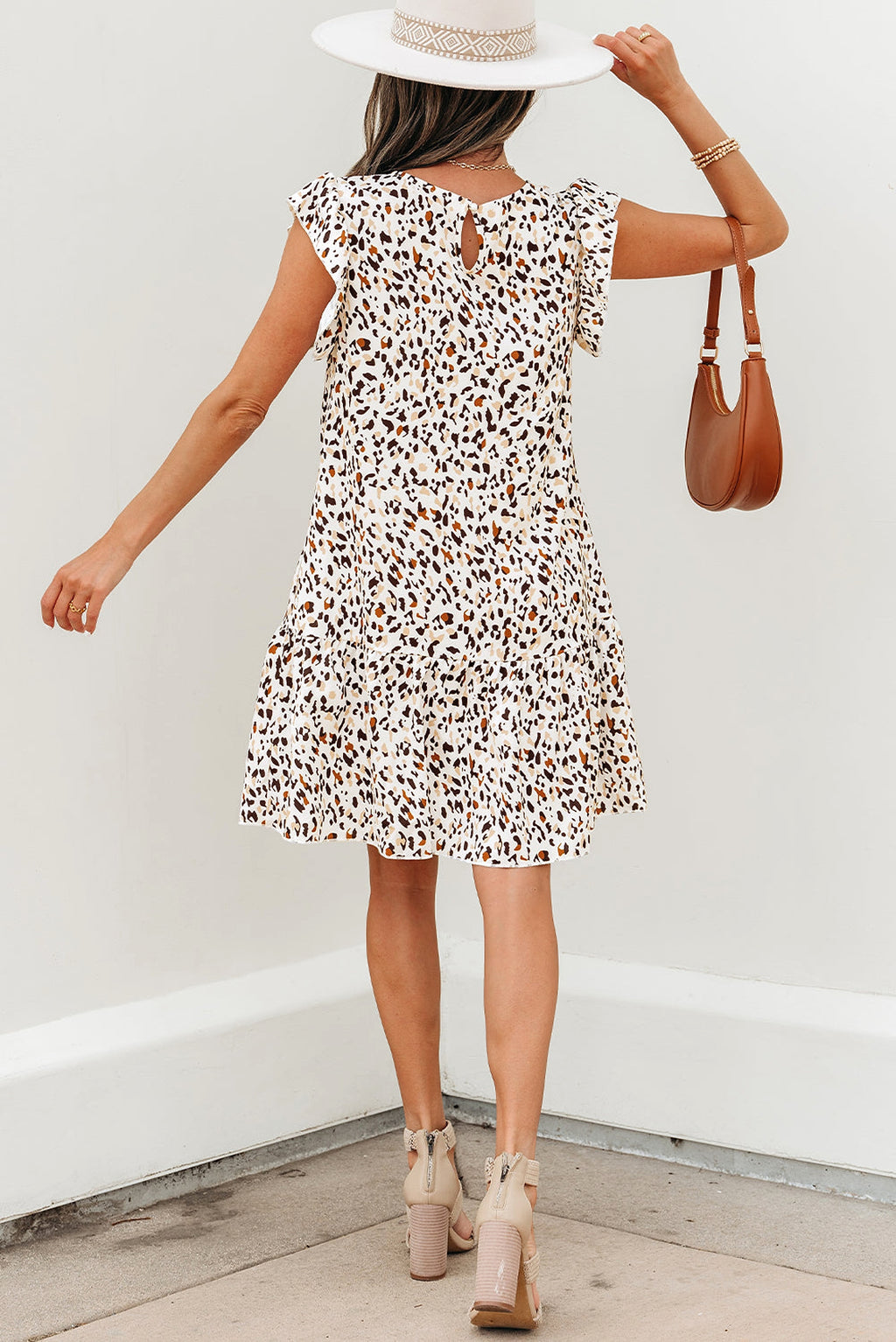 Khaki Leopard Ruffled Flutter Sleeve Keyhole Back Mini Dress - enhanced image 5