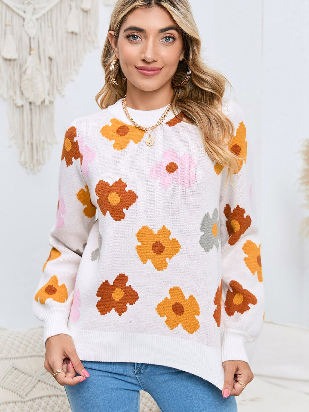 Knitted Thread Sweater Women's Flower - enhanced image 5