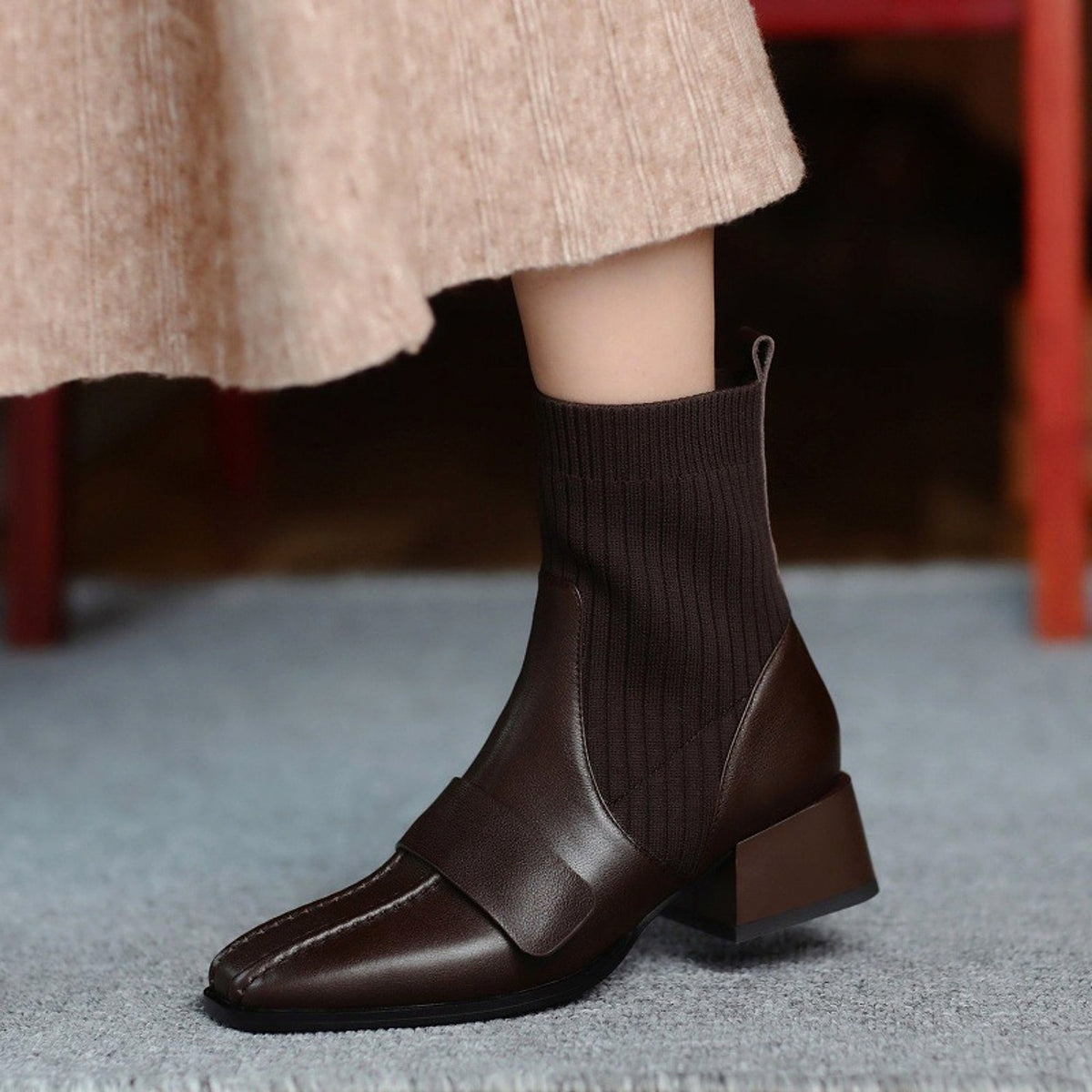 Large Brown Square Toe Mid-heel Soft Leather Shoes - enhanced image 5