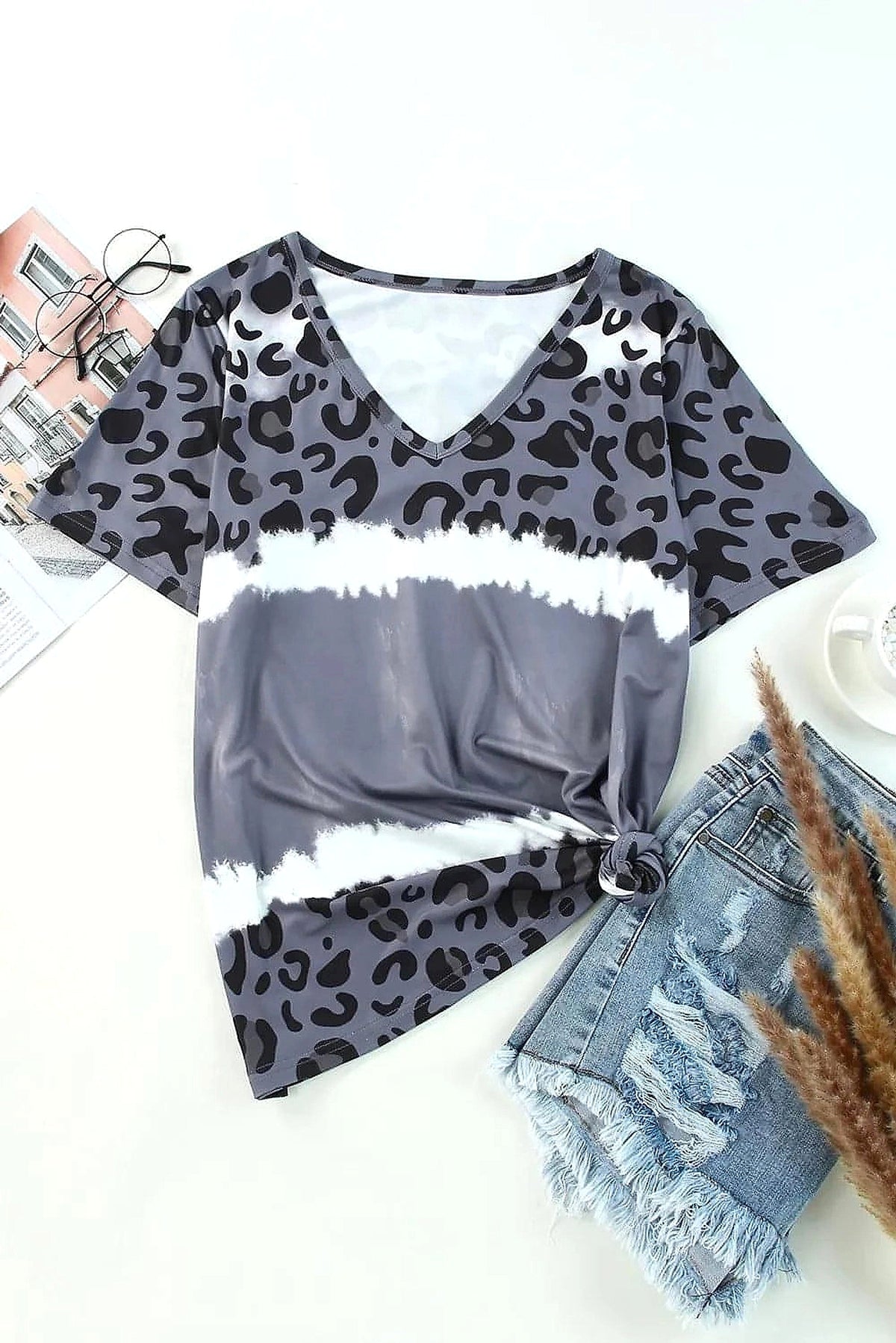 Leopard V-Neck Short Sleeve T-Shirt - enhanced image 5
