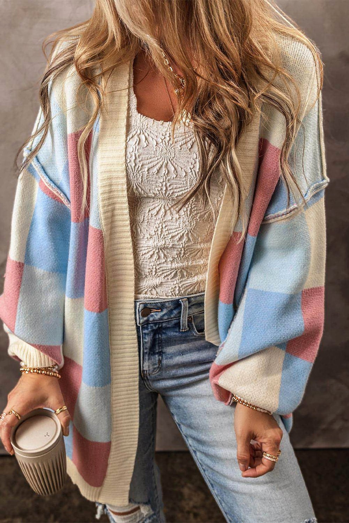 Light Blue Checkered Drop Shoulder Exposed Seam Open Front Cardigan - enhanced image 5