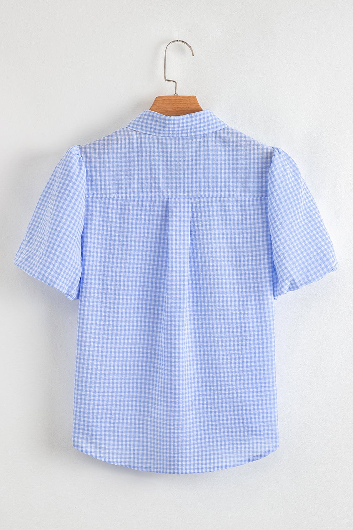 Light Blue Gingham Short Puff Sleeve Button Up Shirt - enhanced image 5