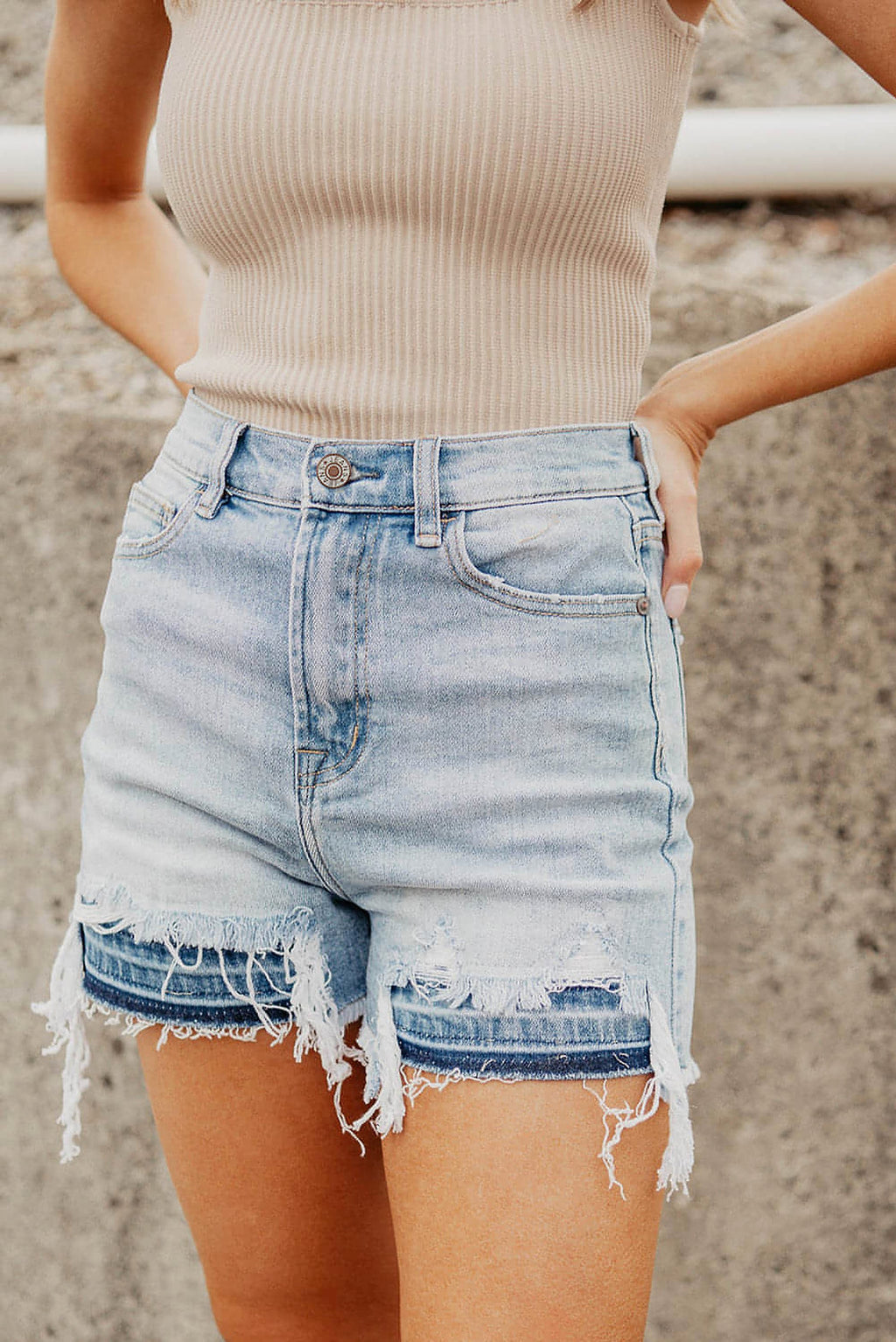 Light Blue Vintage Washed Raw Edge Jean Shorts - enhanced image 5