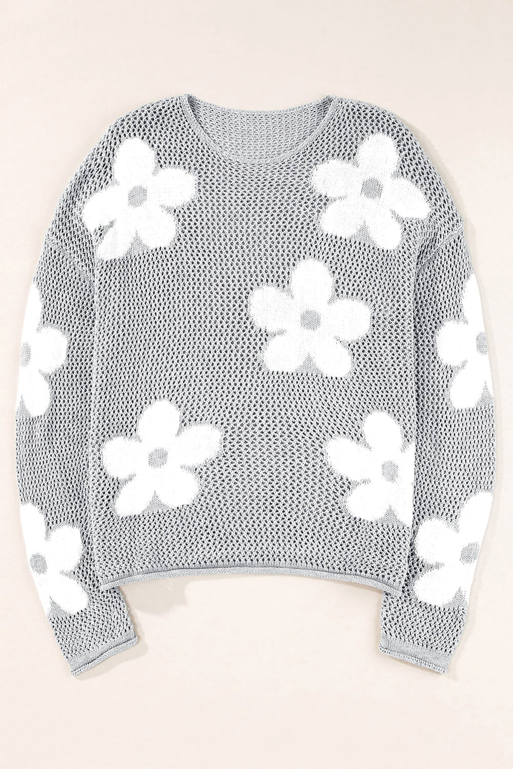 Light Grey Big Flower Hollowed Knit Drop Shoulder Sweater - enhanced image 5