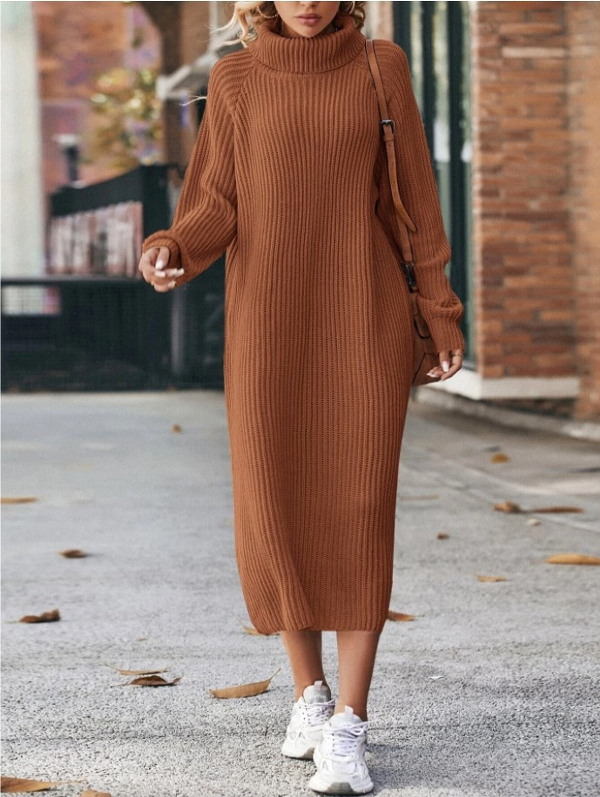 Long Below The Knee Loose High Collar Knitted Dress Sweater - enhanced image 5