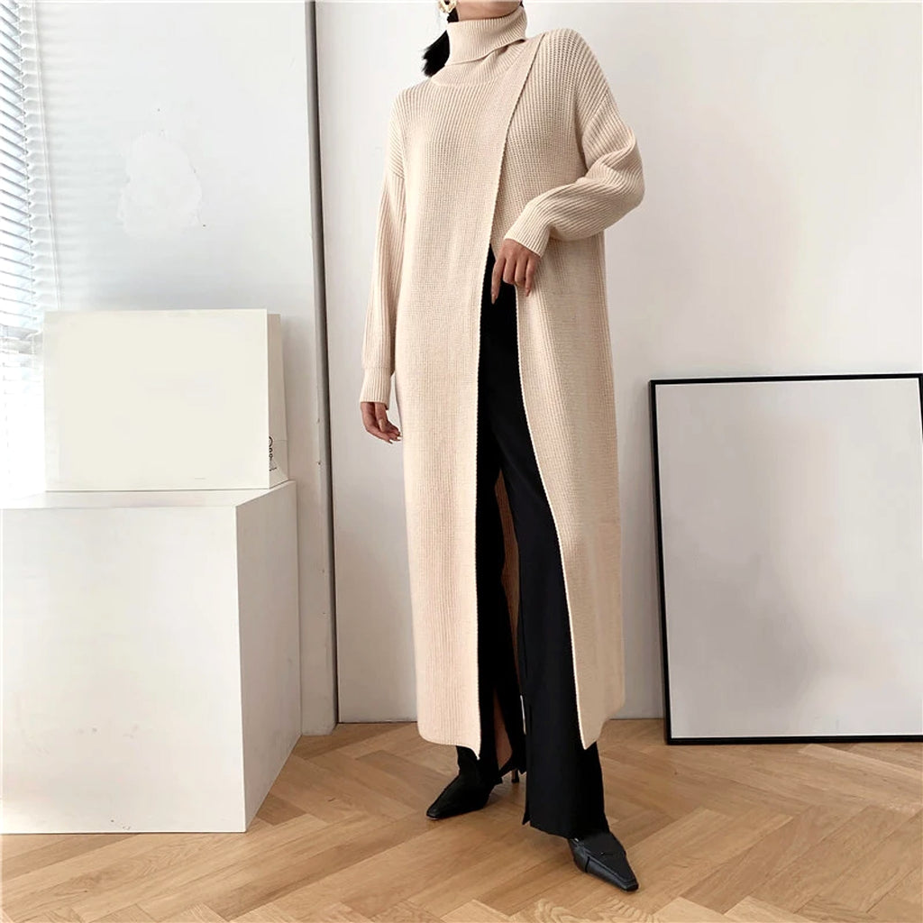 A.1 Long Knit Turtleneck Sweater Long Skirt Pullover Bottoming With Slits And Slim Fit - enhanced image 5