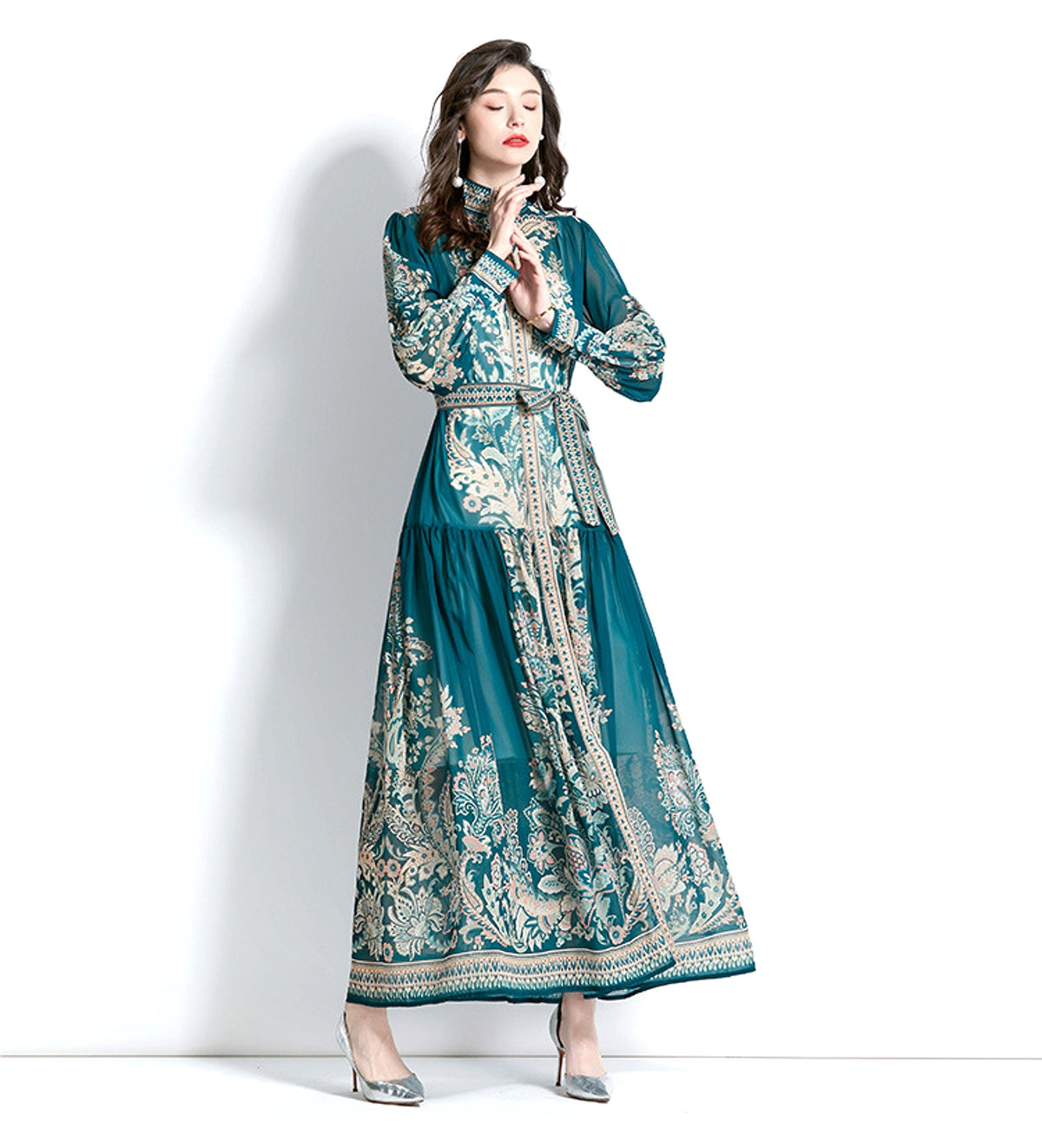 Long Sleeve Stand-up Collar Puff Sleeve Lace Printing Dress