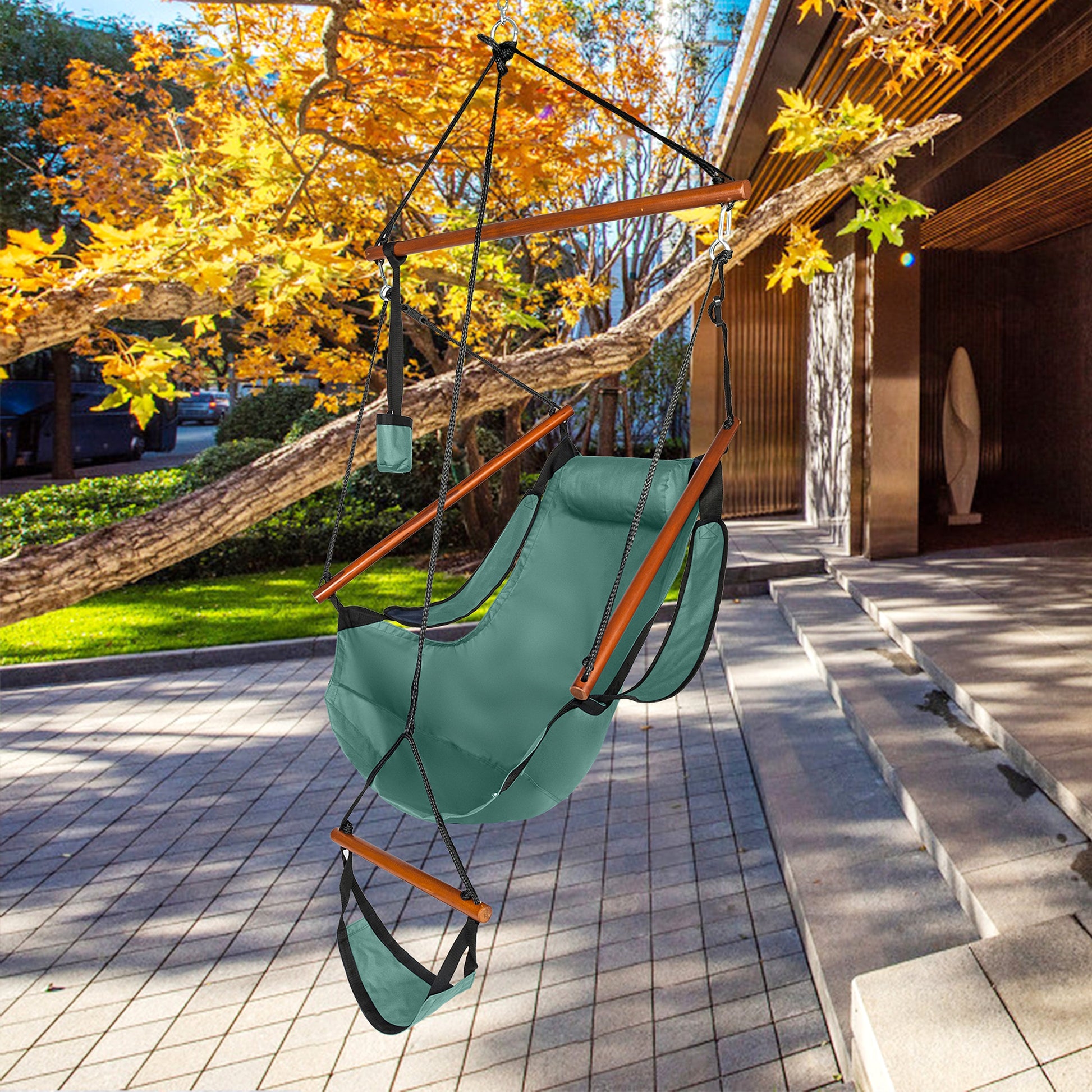 LuxeSwing™ – Oxford Hanging Chair with Wooden Bar & Cup Holder, Green (US Warehouse) - enhanced image 5