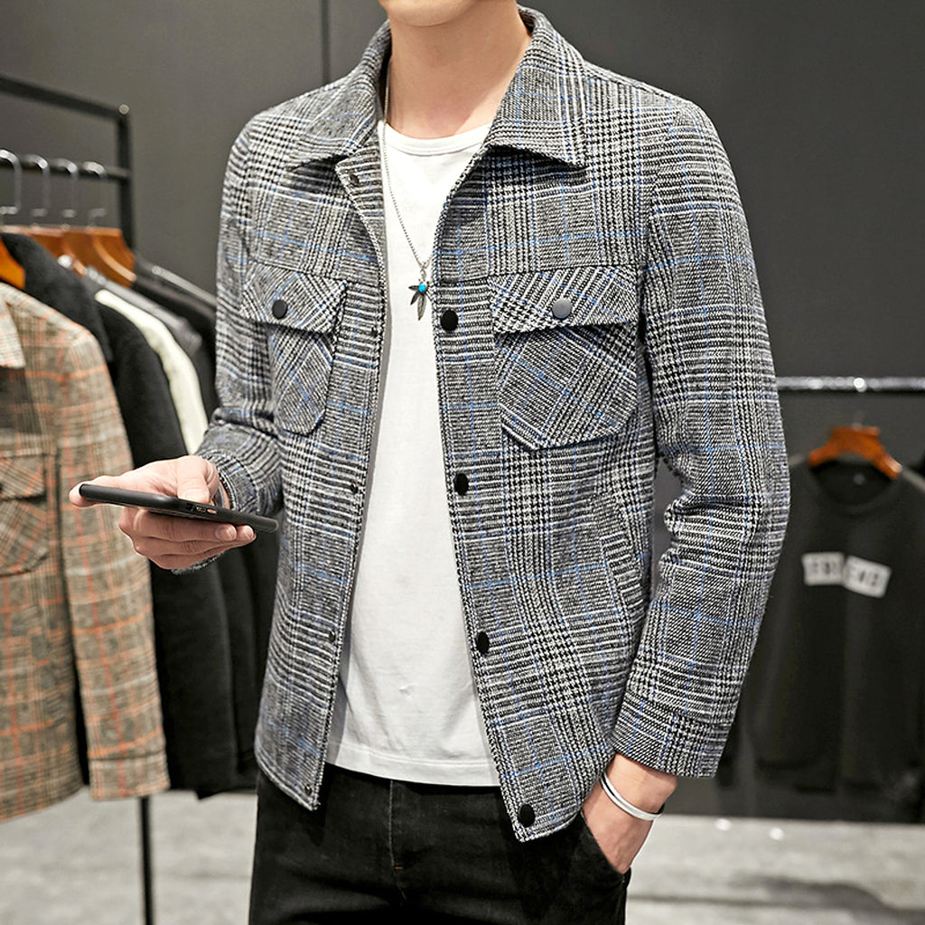 Men's Casual Plaid Jacket Lapel Cropped Coat - enhanced image 5