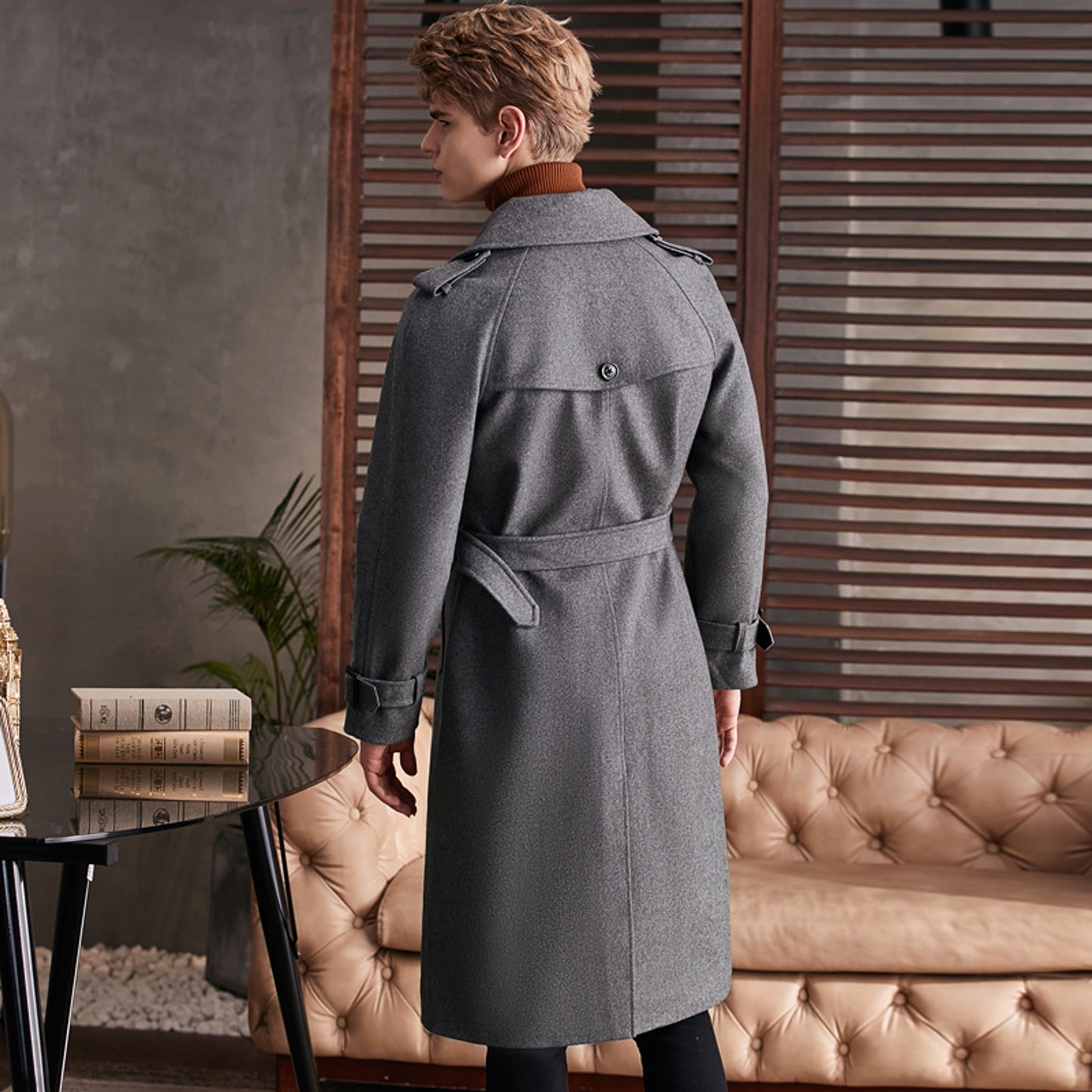 Men's Double Breasted Knee Length Woolen Trench Coat - enhanced image 5