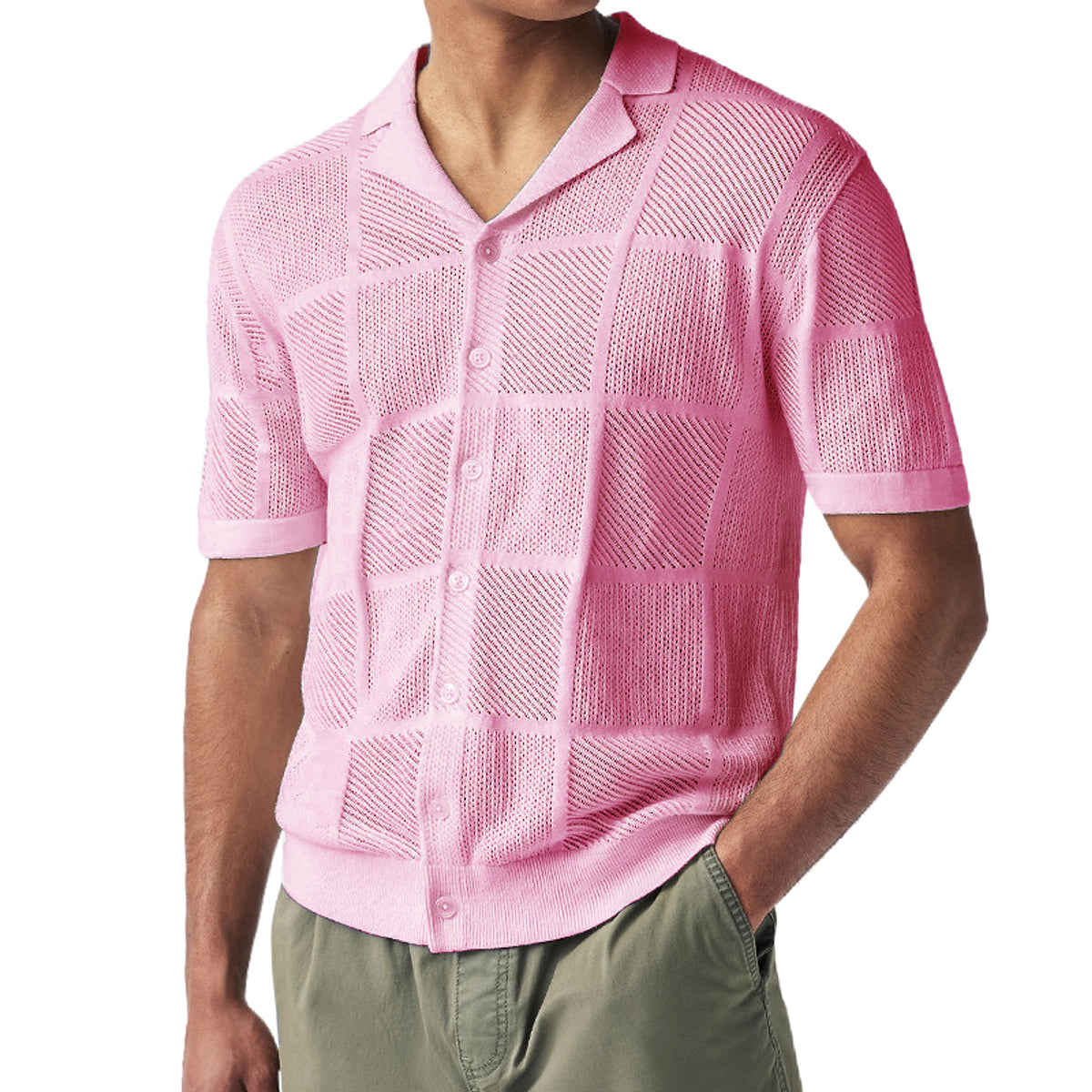 Men's Knit Cardigan Thin Hollow Polo Collar Short Sleeve Top - enhanced image 5