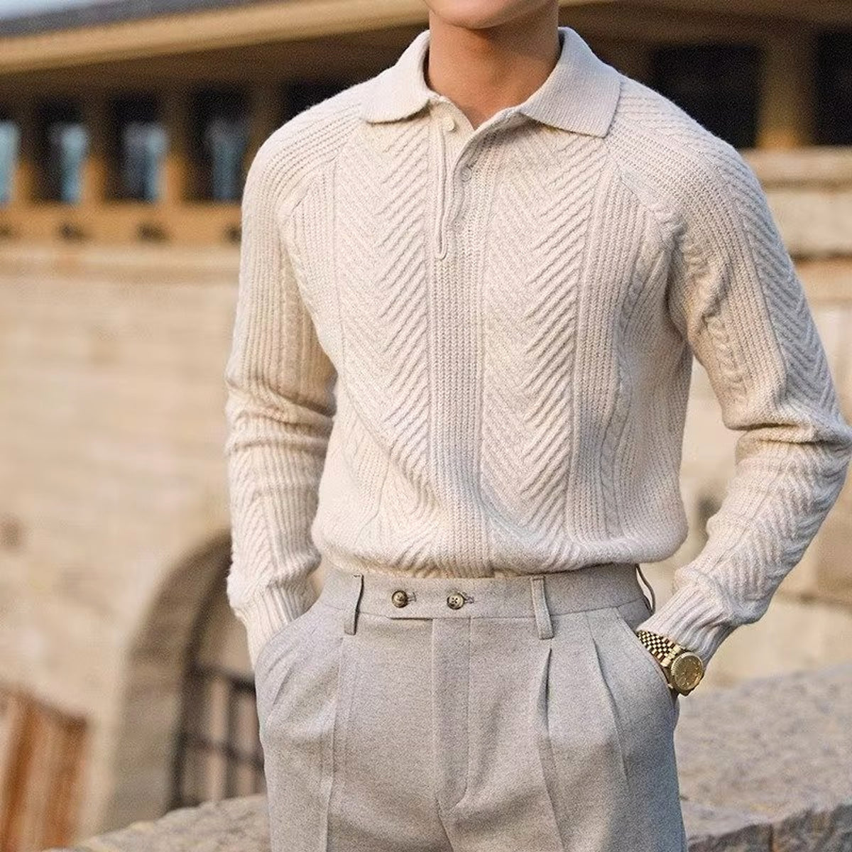 Men's Lapel Knitted Sweater Winter Pullover Long-sleeved Top Clothes - enhanced image 5