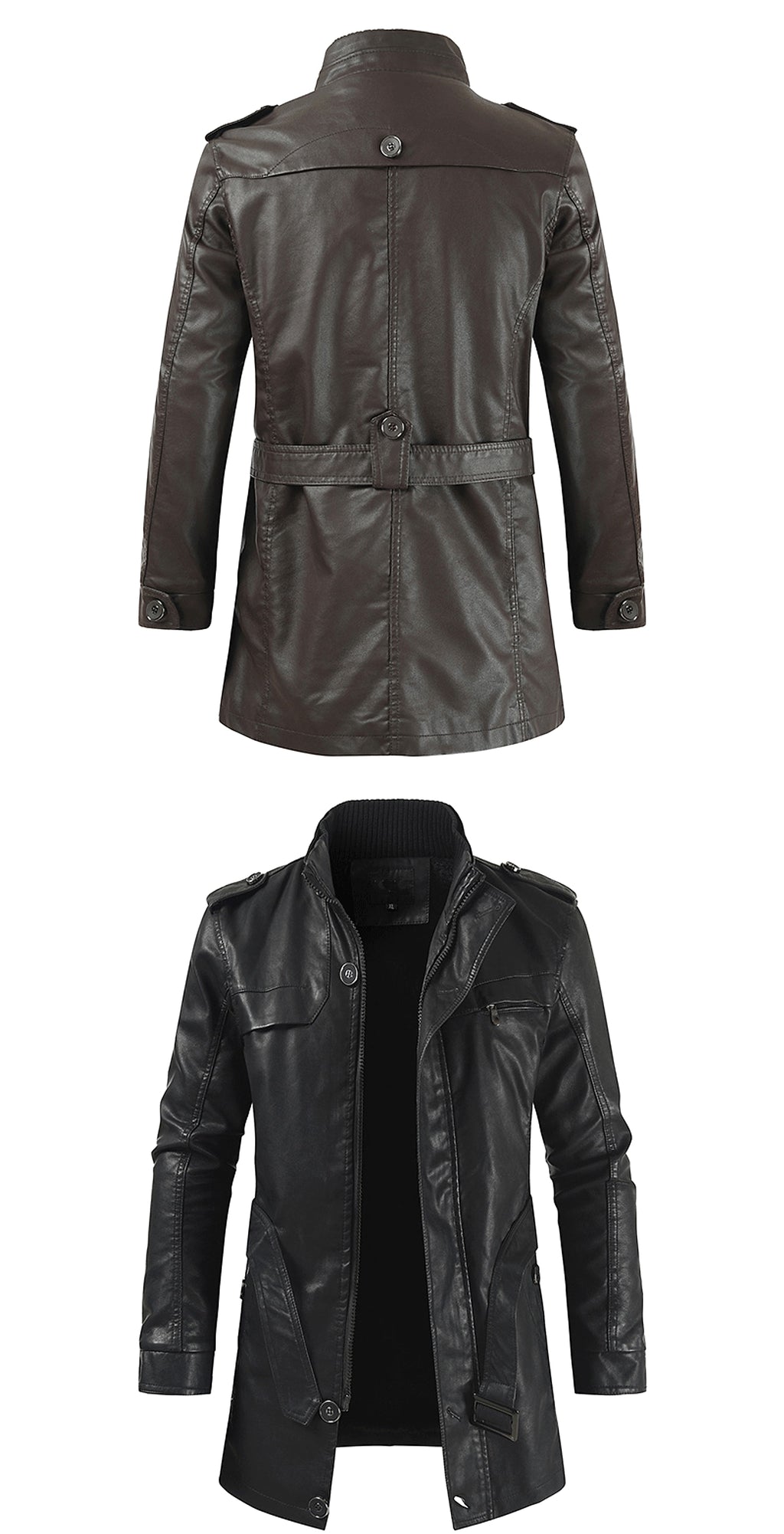 Men's Mid-length Fleece-lined Casual Stand Collar Leather Wind Coat - enhanced image 5