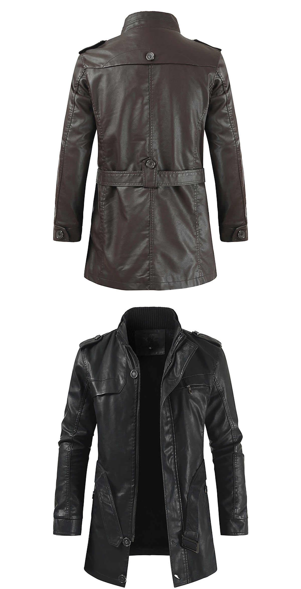 Men's Mid-length Fleece-lined Casual Stand Collar Leather Wind Coat - enhanced image 5