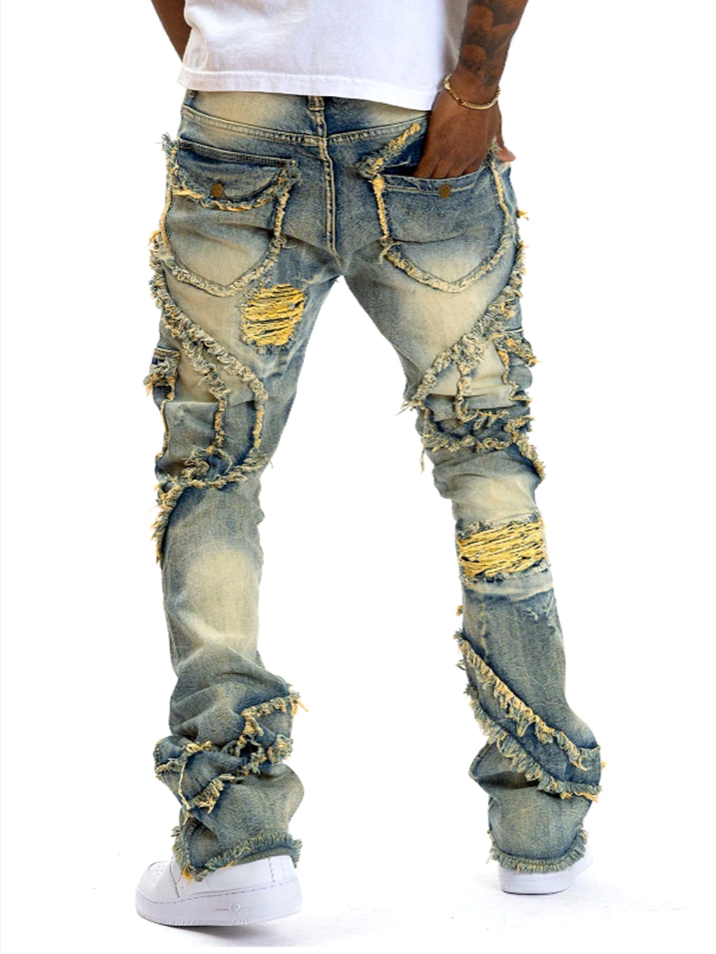 Men's Patchwork Fringe Slightly Flared Stretch Jeans - enhanced image 5