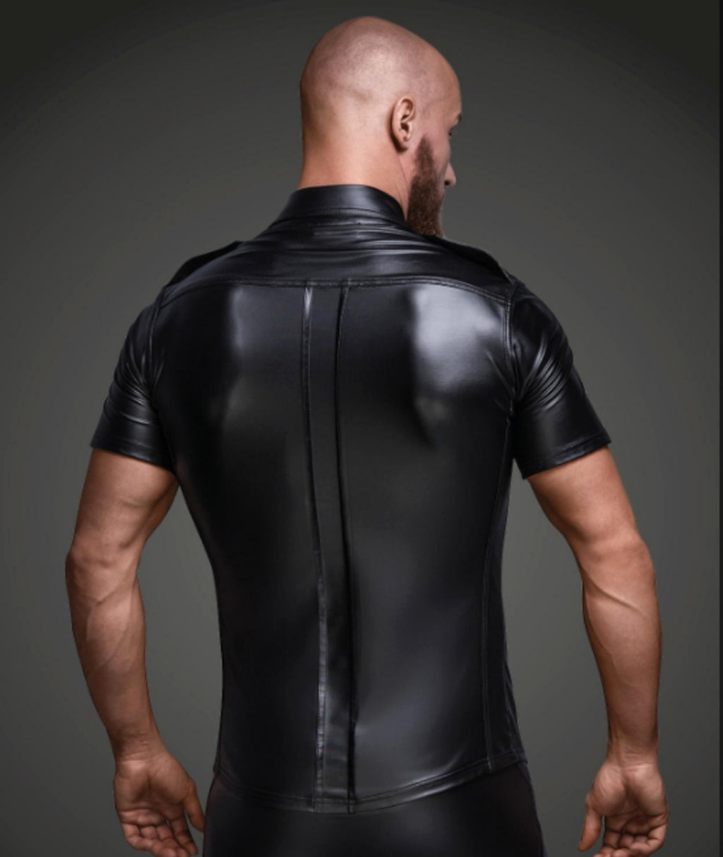 Men's Patent Leather Top DressShirt Stage Subdued Leather Costumes - enhanced image 5