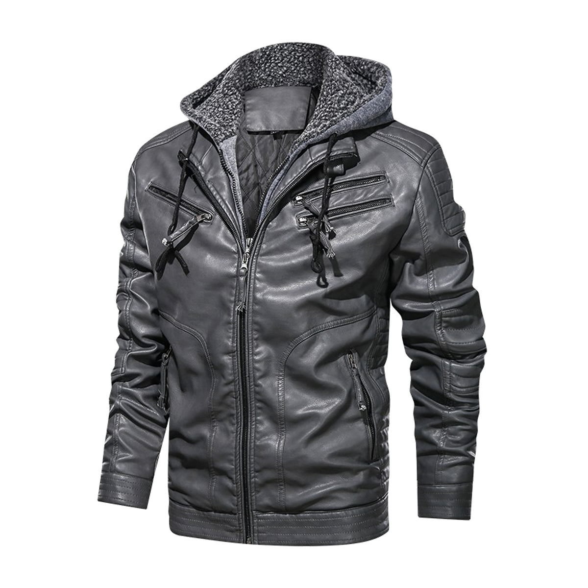 Men's PU Leather Coat Hooded Cotton Addition Leather Jacket Coat - enhanced image 5