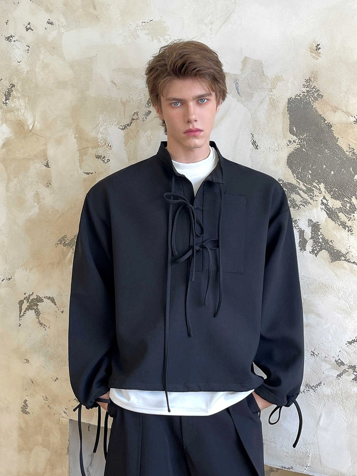 Men's Ribbon Lapel Cardigan Hoodie – Designer Half-Zip Pullover - enhanced image 5