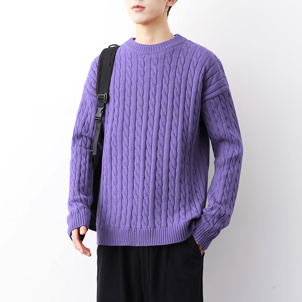 Men's Thick Solid Color Loose Round Neck Twisted Twisted Sweater - enhanced image 5
