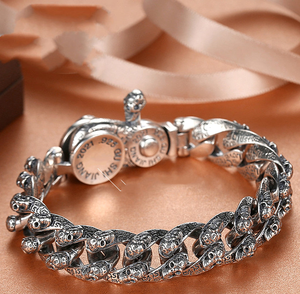 Men's Trendy Sterling Silver Vintage Skull Bracelet - enhanced image 5