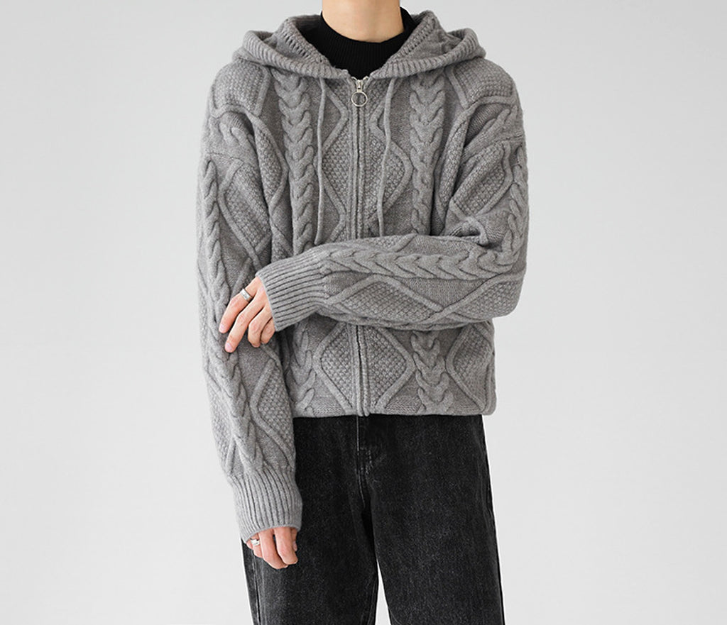 Men's Zipper Hooded Solid Color Loose Rhombus Plaid Coat - enhanced image 5