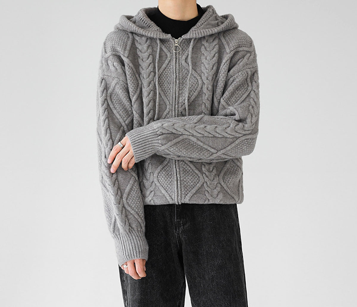 Men's Zipper Hooded Solid Color Loose Rhombus Plaid Coat - enhanced image 5