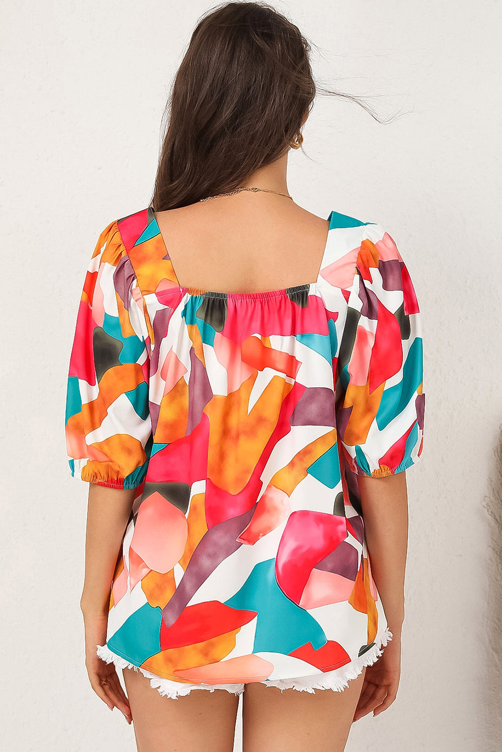 Multicolor Square Neck Abstract Print Short Sleeve Blouse - enhanced image 5