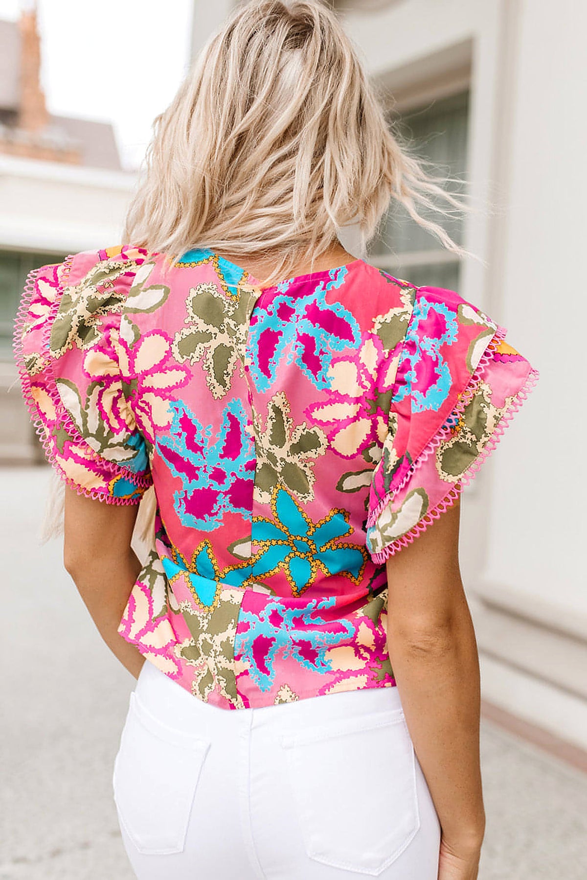 Multicolor Vibrant Floral Print Trimmed Ruffle Sleeve Blouse Sto - enhanced image 5