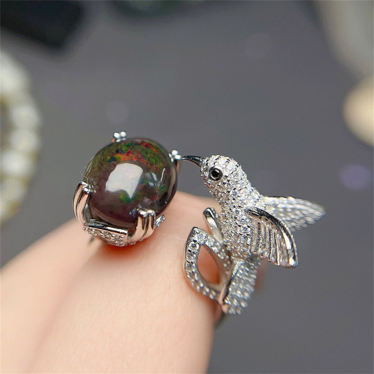 Natural Black Opal Ring For Women - enhanced image 5